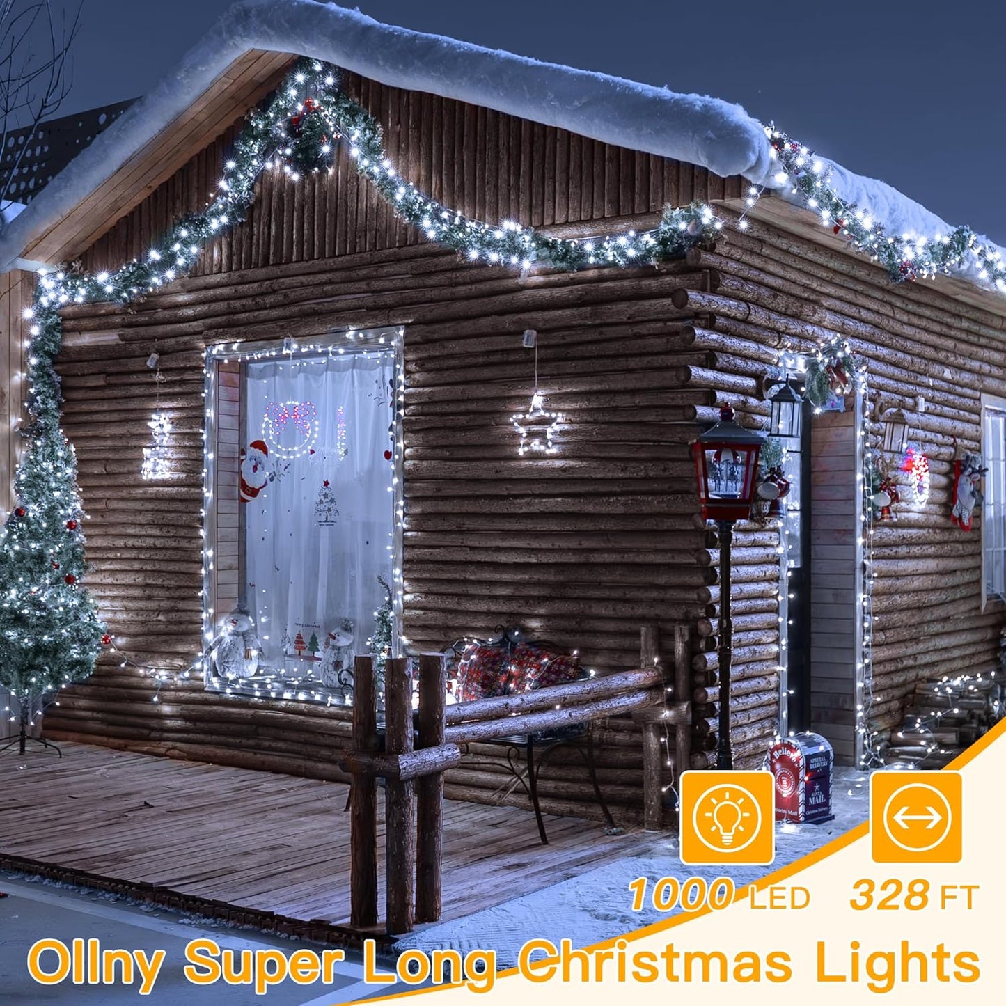 Ollny Christmas Lights Outdoor Waterproof, 1000LED 328FT Super Long String Lights with Remote 3 Timer, Plug in 8 Modes Fairy Light for Outside House Bedroom Xmas Decorations, Cool White
