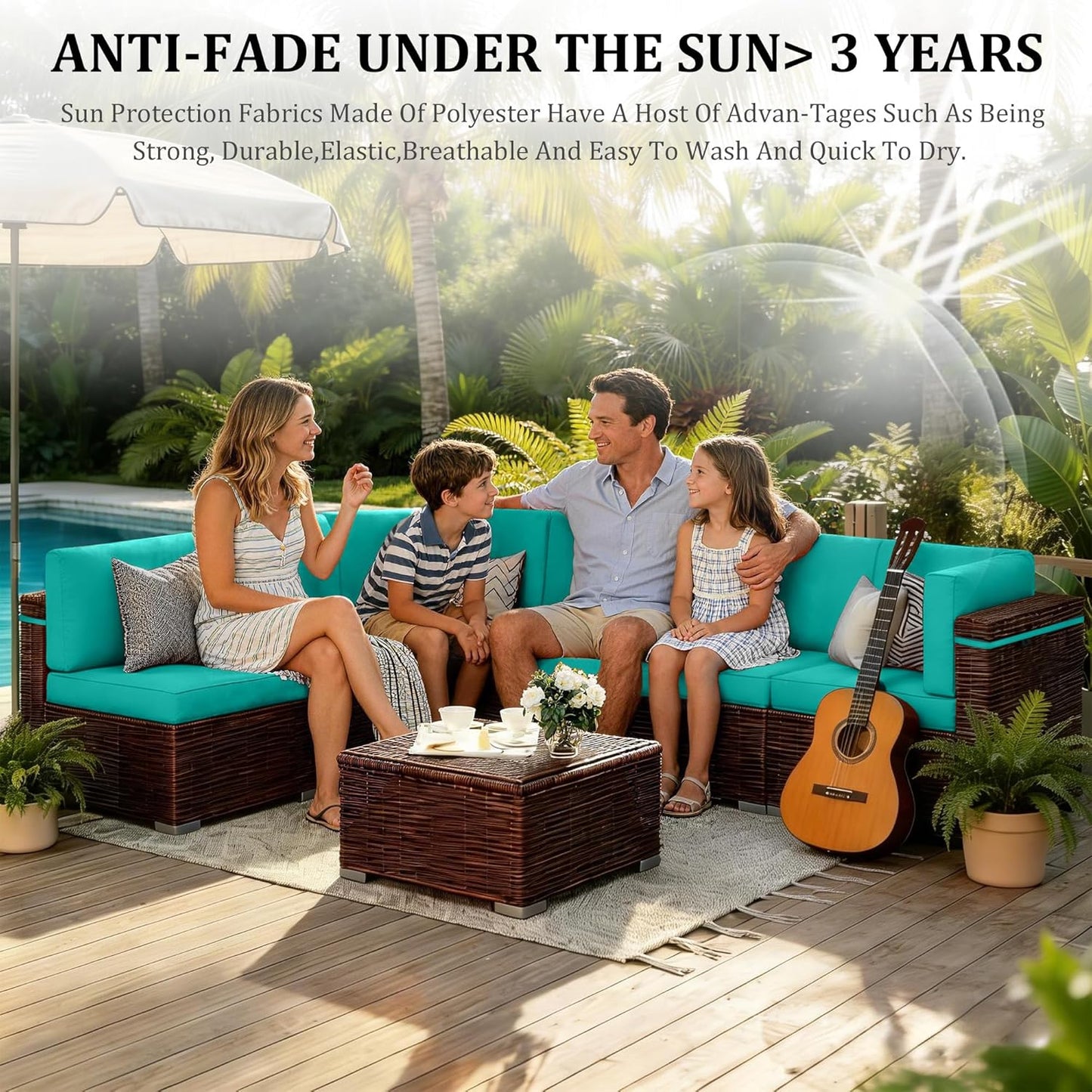 Outdoor Sectional Cushions 14-Piece Replacement Cushions Set for 6-Seat Patio Furniture Waterproof 4'' Thick Outdoor Sofa Cushion Patio Wicker Couch Cushion (Turquoise, 14-Piece Set)