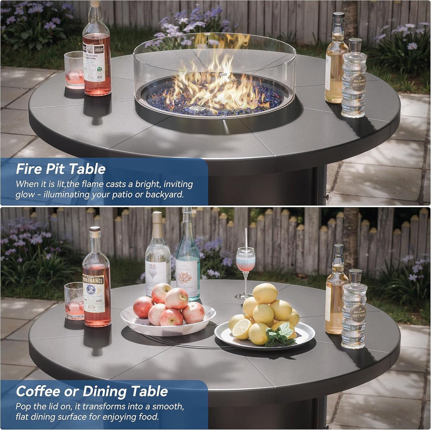 Kurapika 5 Piece Outdoor Conversation Sets, Patio Furniture Set, 4 Textilene Fabric Swivel Chairs and w/48in Propane Round Fire Pit Table for Deck Garden Backyard Porch,Brown