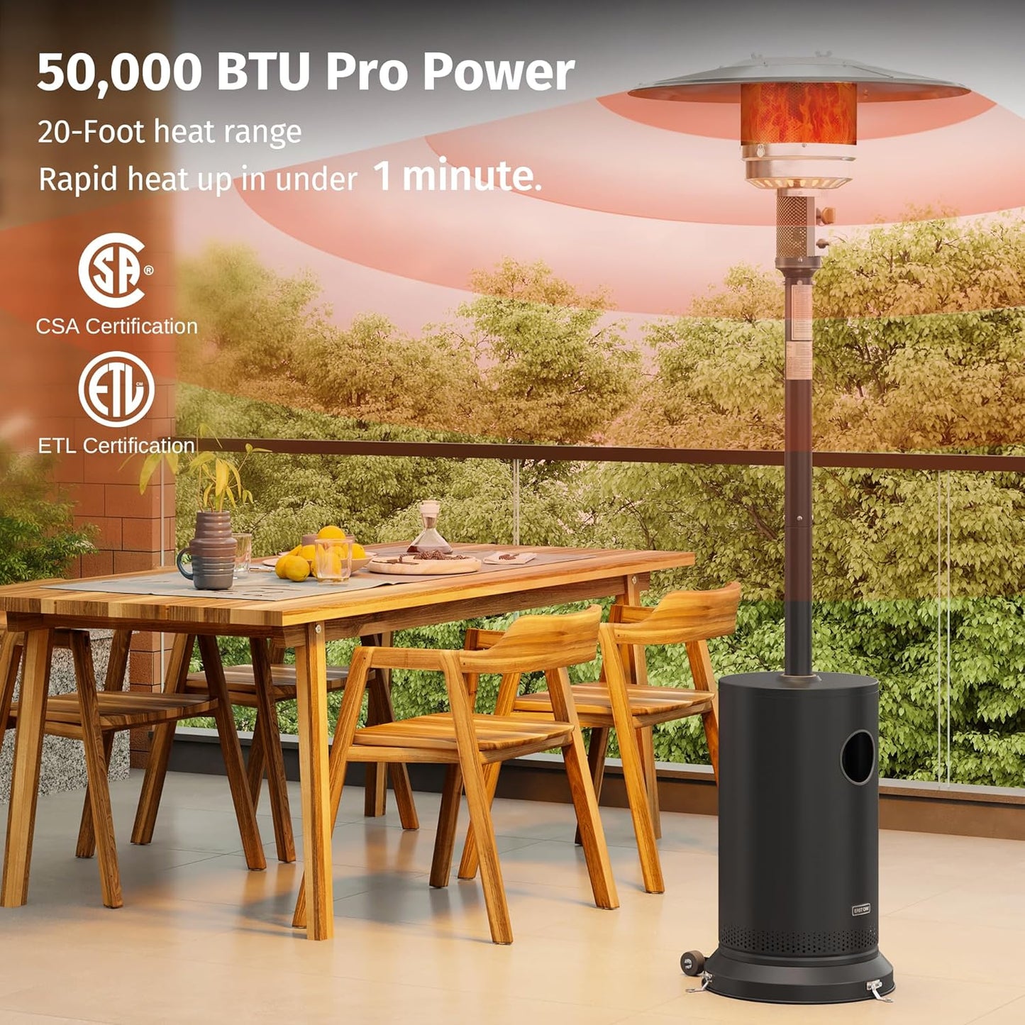 EAST OAK 50,000 BTU Patio Heater for Outdoor Use with Round Table Design, Double-Layer Stainless Steel Burner, Wheels, Triple Protection System, Outdoor Heater for Home and Residential, Black