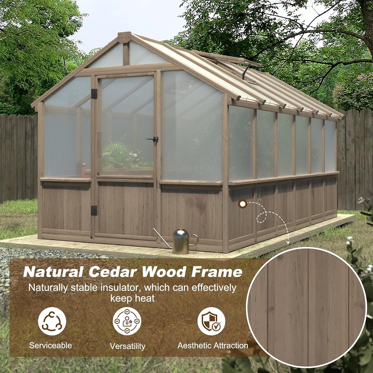 8x12 FT Greenhouse Kit with 6MM Thick Polycarbonate Panel for Outdoor, Wooden Walk-in Green House with Adjustable Roof Vent and Lockable Door, Backyard, Garden, Light Mocha Brown