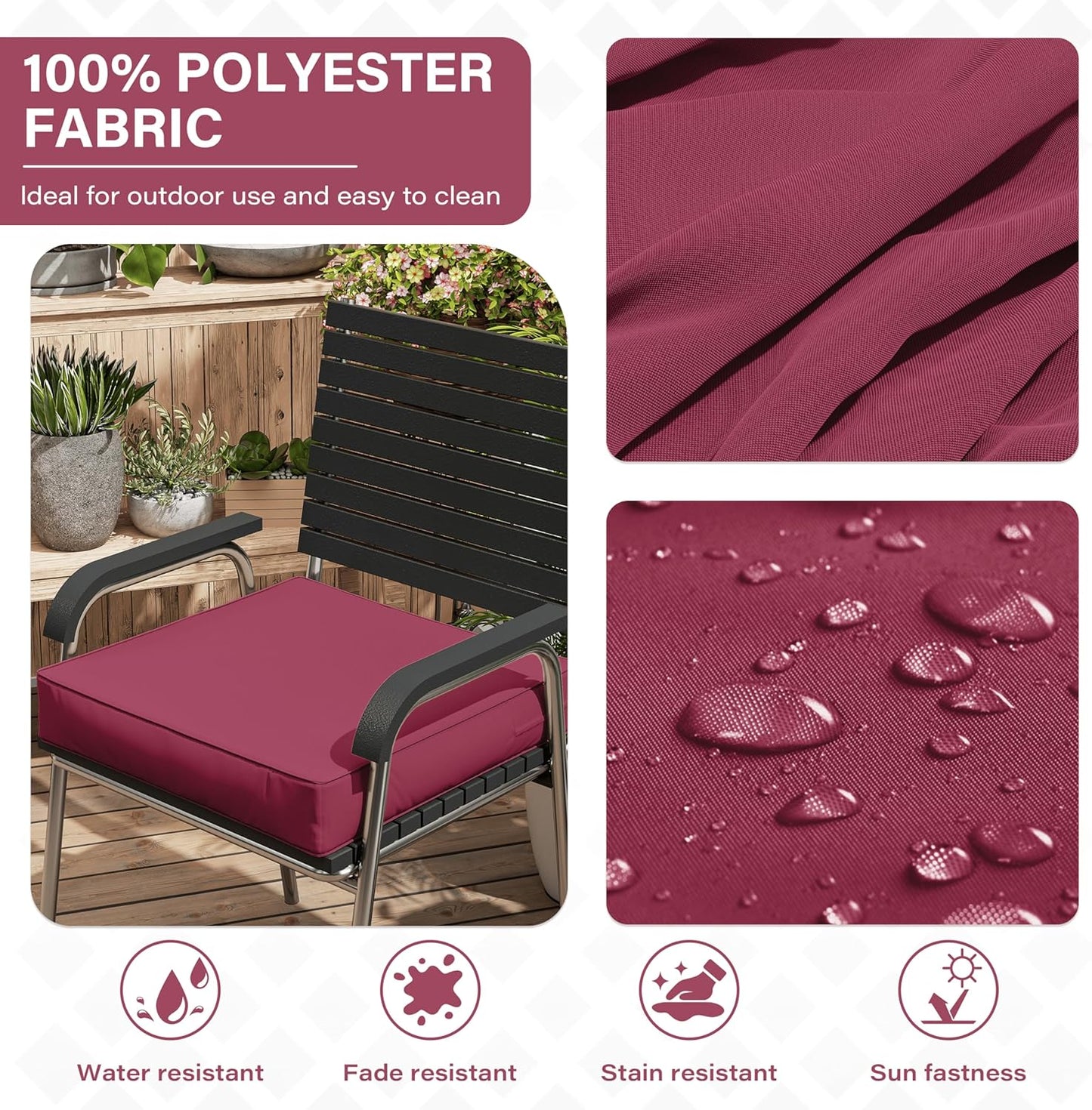 Patio Chair Cushions 22 X 22 X 4 Inch Waterproof Outdoor Seat Cushions for Patio Furniture, Outdoor Sofa Couch Pads with Ties & Handle, Set of 2, Fuchsiared