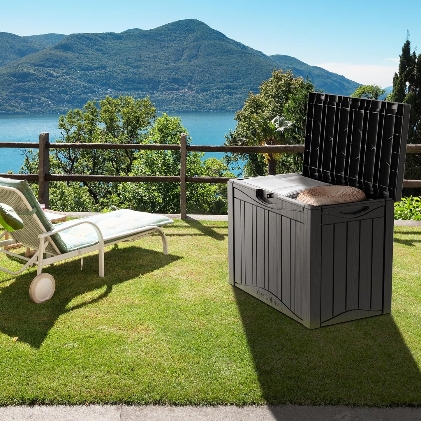50GAL Brown Deck Box with Special Pattern & Lock Hole – Waterproof, SGS - Approved UV Resistance, Stylish Storage for Outdoor Cushions & Decor, Effortless Assembly