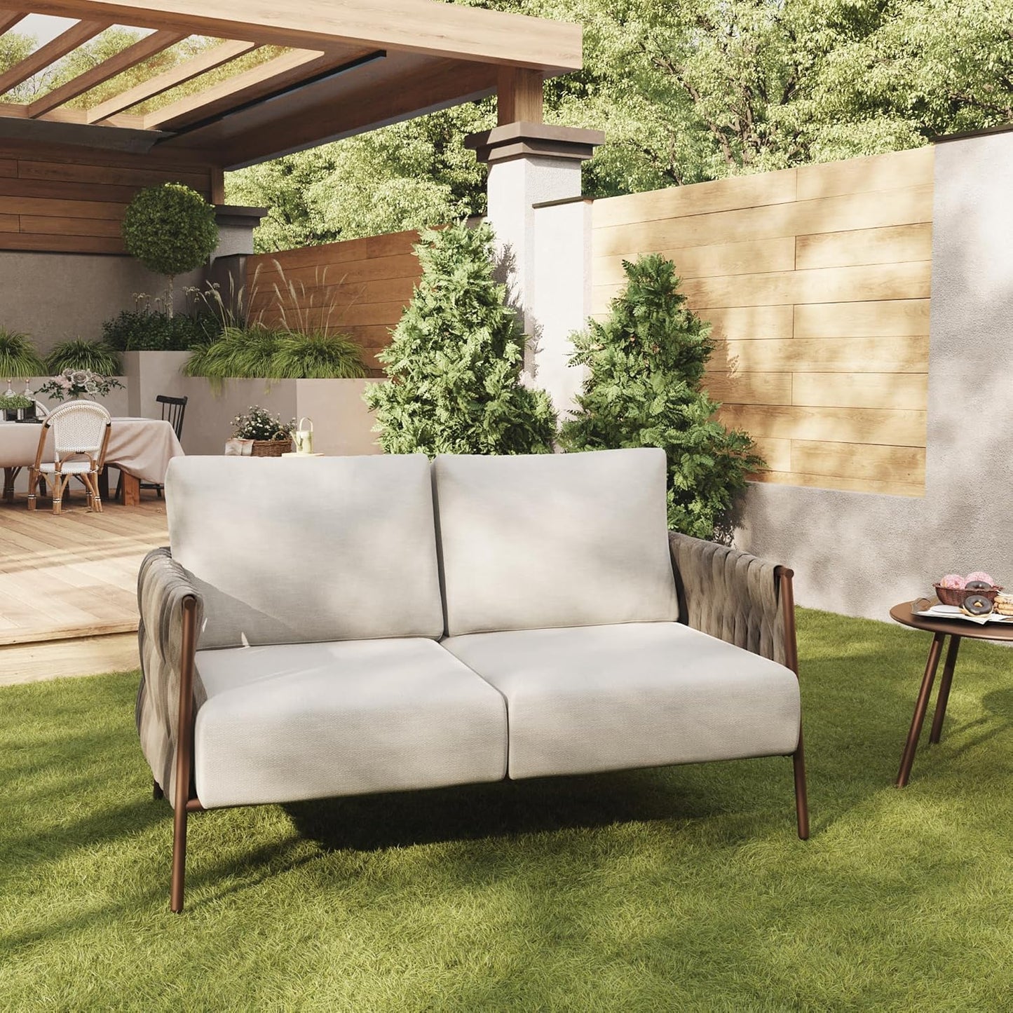 EAST OAK Life Chatter Loveseat, Outdoor Furniture, Deep Seating for Garden, Balcony, Backyard, Chestnut Brown & Creamy Apricot