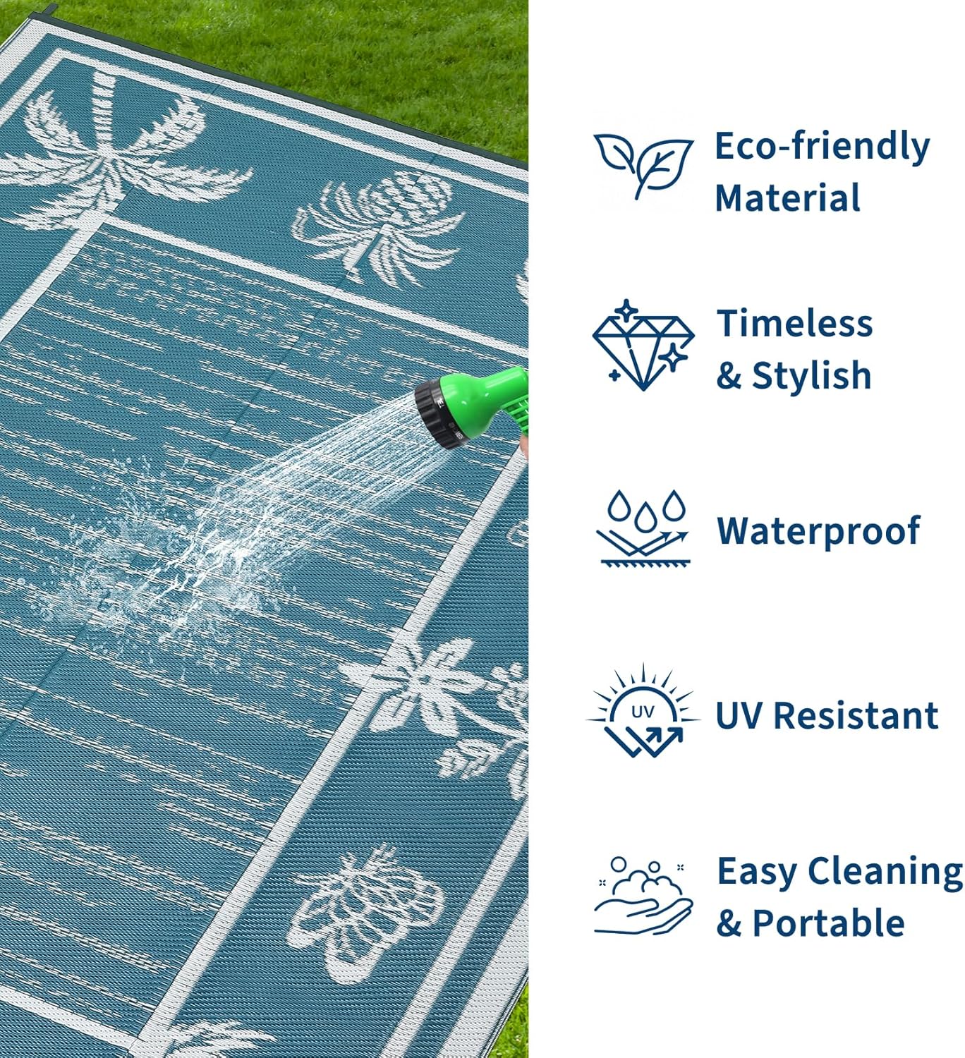 Garvee Outdoor Rug 5x8 Waterproof for Patios, Reversible Plastic Straw Rug, Tropical Leaf Indoor Outdoor Rugs, Large Area Rug for RV, Camping, Deck, Picnic Mat, Outside Carpet, Blue & White