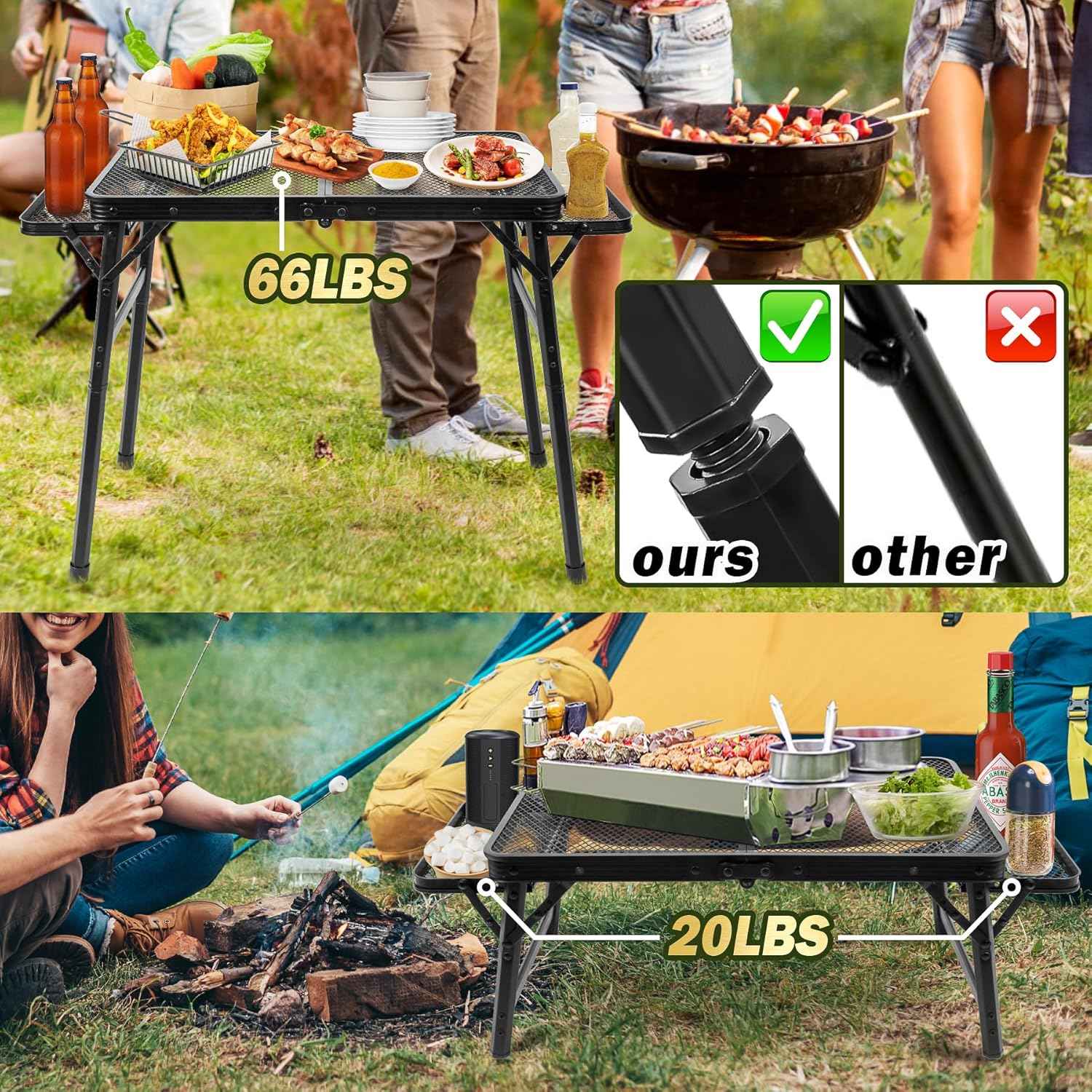 2.5 FT Picnic Table with 2 Wing Panels, Mesh Metal Folding Grill Table Height Adjustable & Lightweight & Portable Table for Outdoor Indoor Camping, Picnic, Beach and BBQ, RV