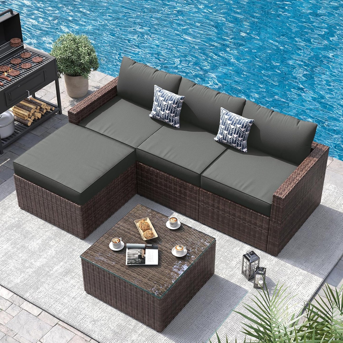 UDPATIO 5 Piece Patio Furniture Set, All-Weather Wicker Outdoor Sectional Sofa,Rattan L Shaped Outdoor Conversation Patio Sectional with Ottoman, Glass Table for Balcony Porch Backyard,Grey