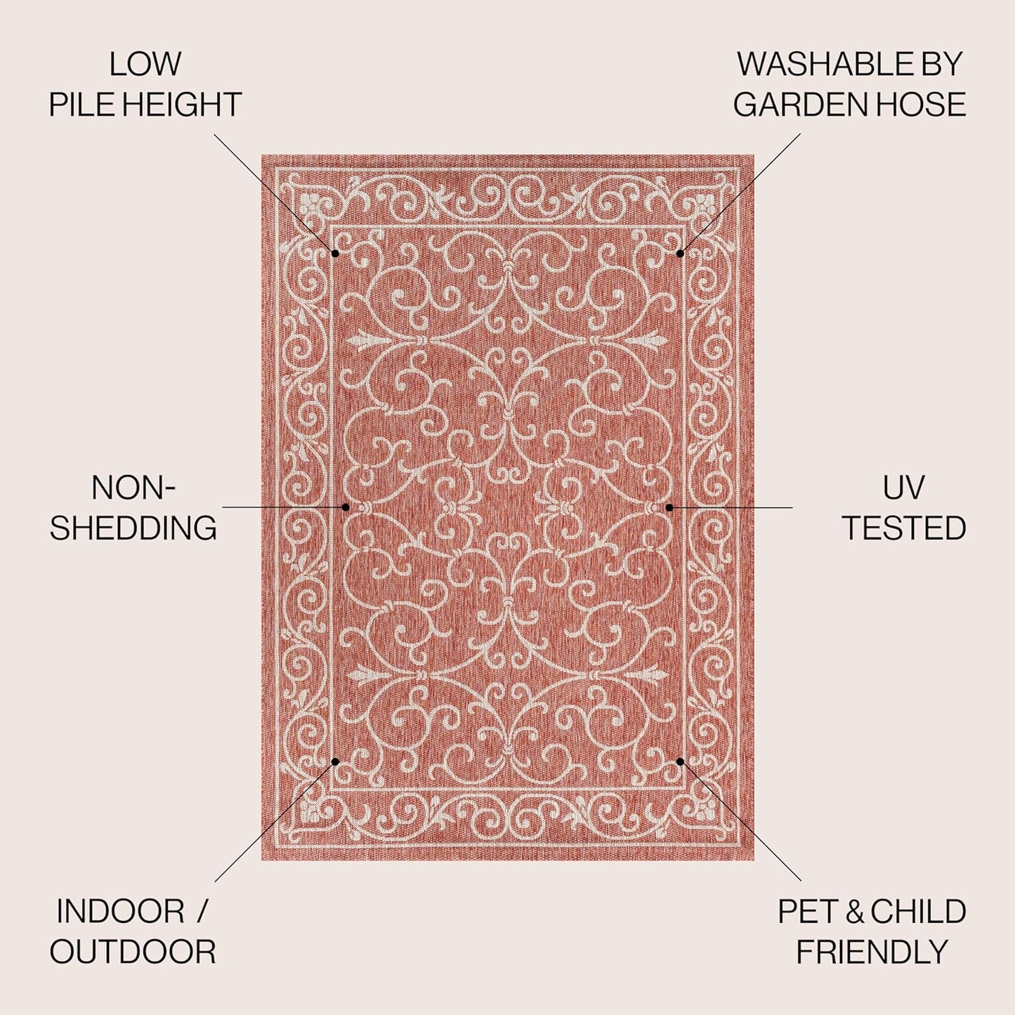 JONATHAN Y SMB106B-8SQ Charleston Vintage Filigree Textured Weave Red/Beige 8' Square Indoor/Outdoor Area Rug, Pet Friendly, Non-Shedding, Stain Resistant, Easy-Cleaning for Backyard, Patio, Porch