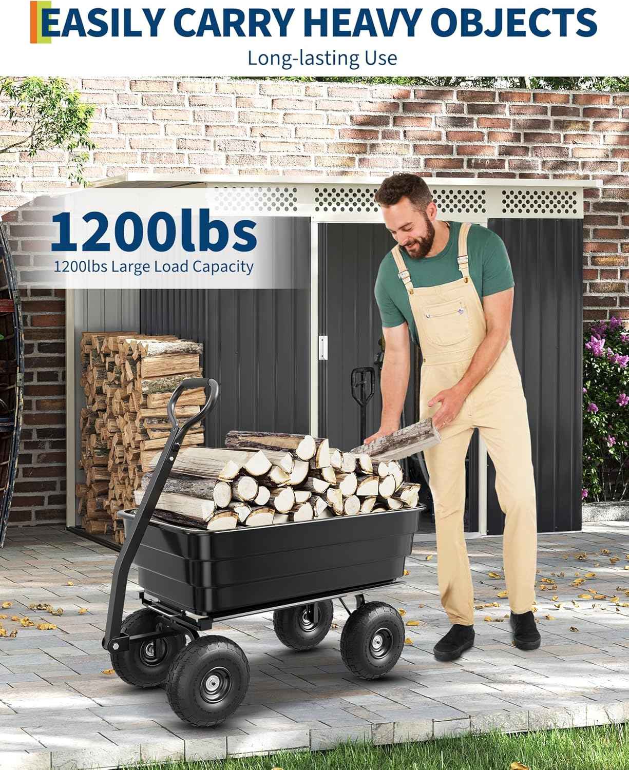 Poly Dump Cart - Heavy Duty 1200lbs Garden Cart with Quick-Release Dumping & No-Flat 10" Tires, Utility Wagon for Yard Work, Landscaping, Gardening
