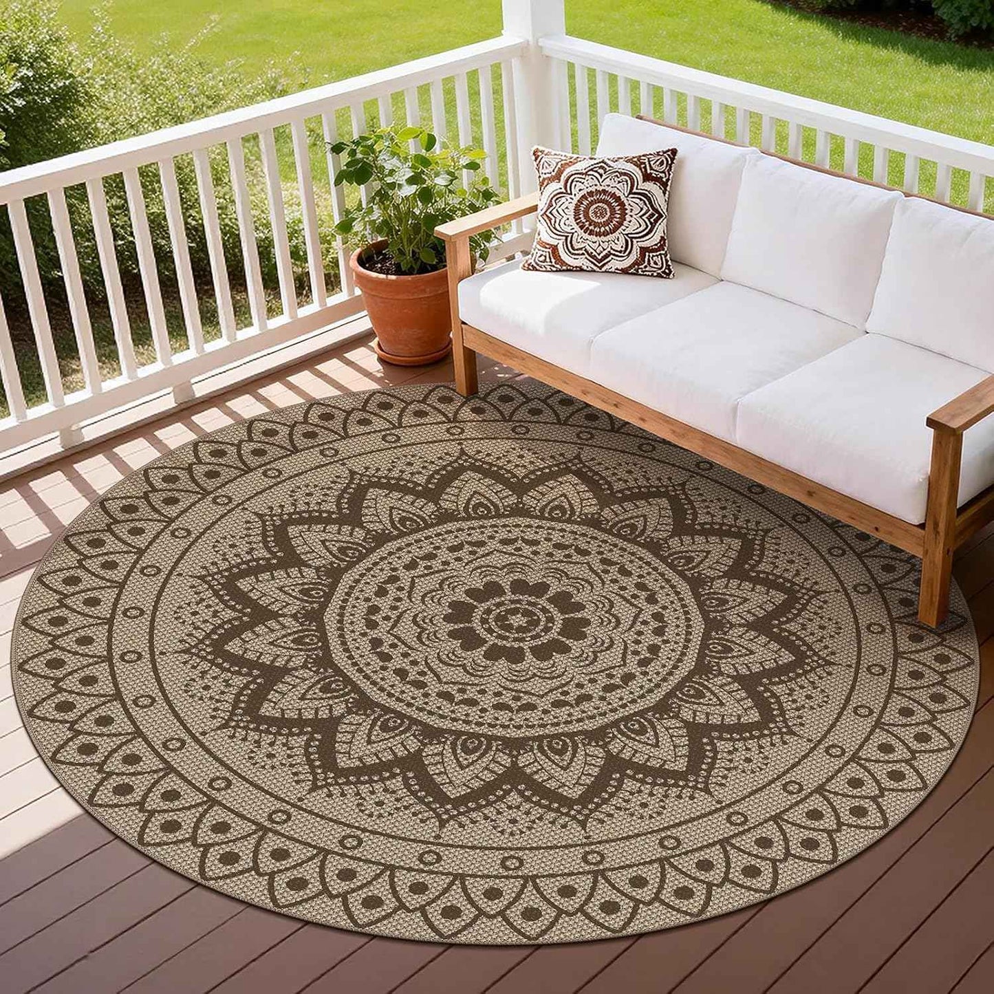 Easy Jute Outdoor Round Rug, 6ft Washable Indoor Outdoor Patio Rug, Brown Non Slip Round Area Rug Farmhouse, Boho Carpet for Backyard Patio