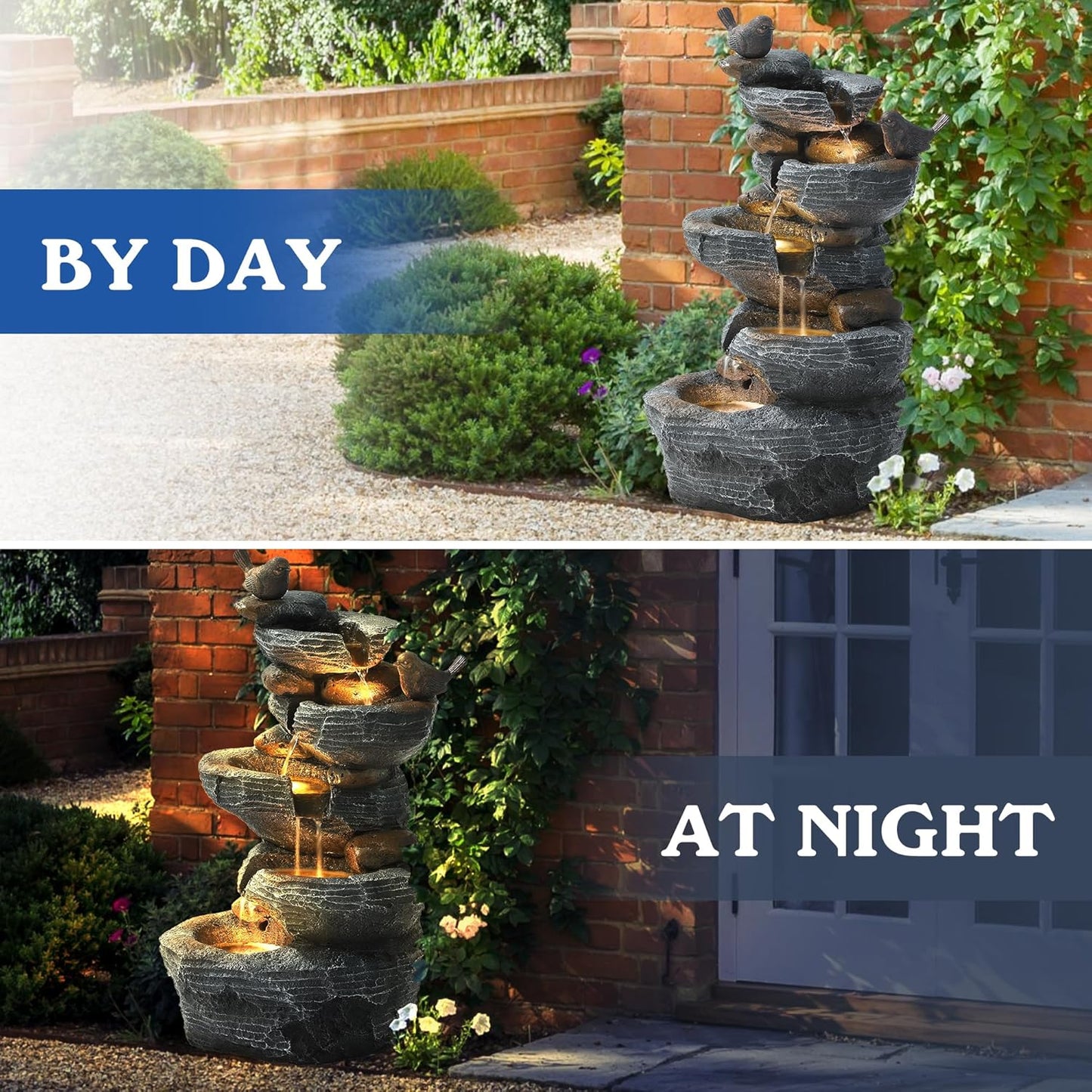 5-Tiers Cascading Rock Water Fountain Outdoor - Waterfalls Fountains with LED Lights, Outdoor/Indoor Resin Water Feature Fountain for Patio, Garden, Backyard, Deck, Porch, Home Docor