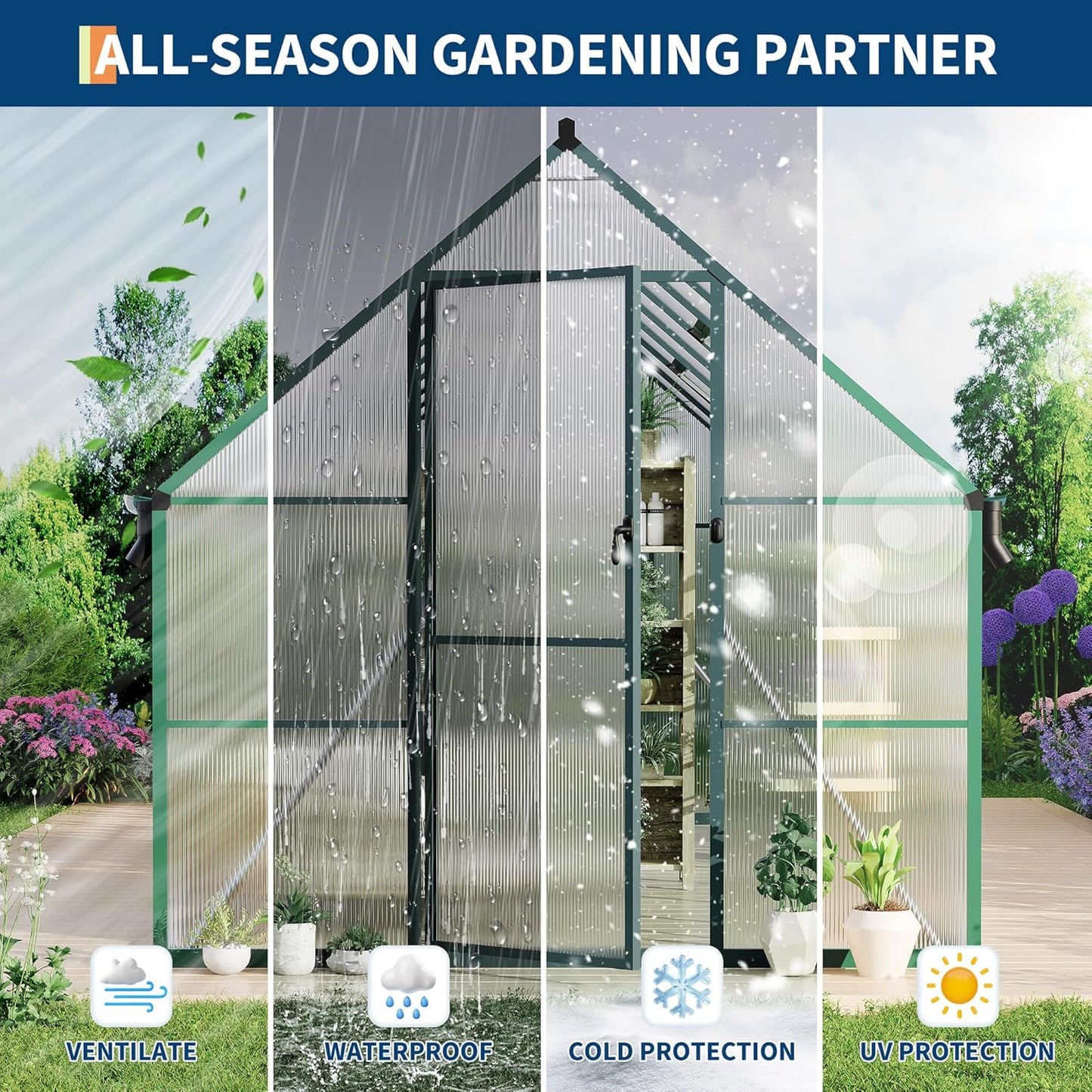 8'X16' Aluminum-Framed Polycarbonate Greenhouse, Heavy Duty Polycarbonate Greenhouse with Quick Setup Structure and Roof Vent, Large Enhanced Aluminum Greenhouses Kit for Outdoors