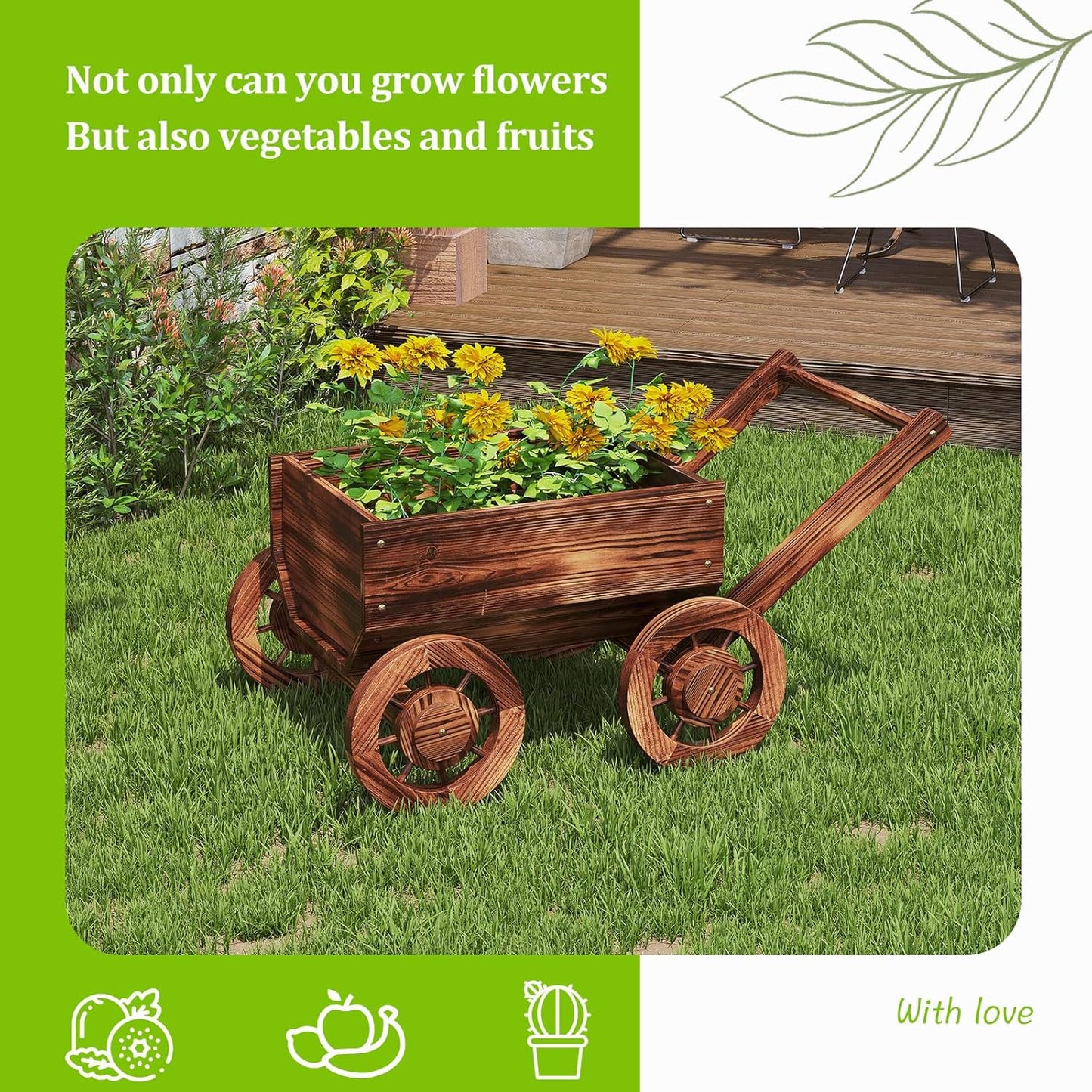 Wooden Flower Cart with Wheels Wooden Wagon Planter Outdoor Garden Planter Decor Planter for Patio Balcony Trolley Decoration Succulent Flower Pot, Indoor Backyard Balcon Decor.（S）