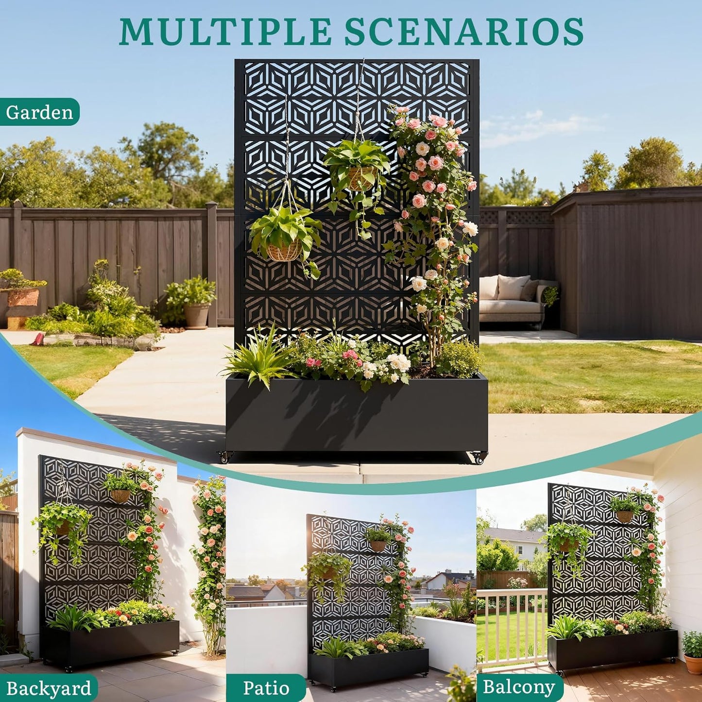 Metal Planter Box with Trellis, Galvanized Steel Raised Garden Bed with Privacy Screen, Lockable Casters, 73"x47"x16" Planter with Drainage Holes for Outdoor Climbing Plants, Vegetables, Patio