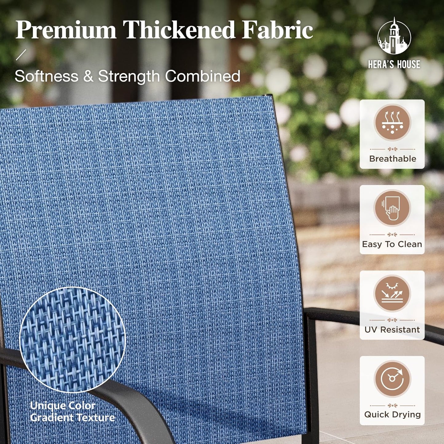 HERA'S HOUSE 5 Pieces Patio Dining Set, 4 x Blue Textilene Dining Chair, 42" Metal Round Dining Table, Patio Table and Chairs Set for Lawn Garden Backyard Deck