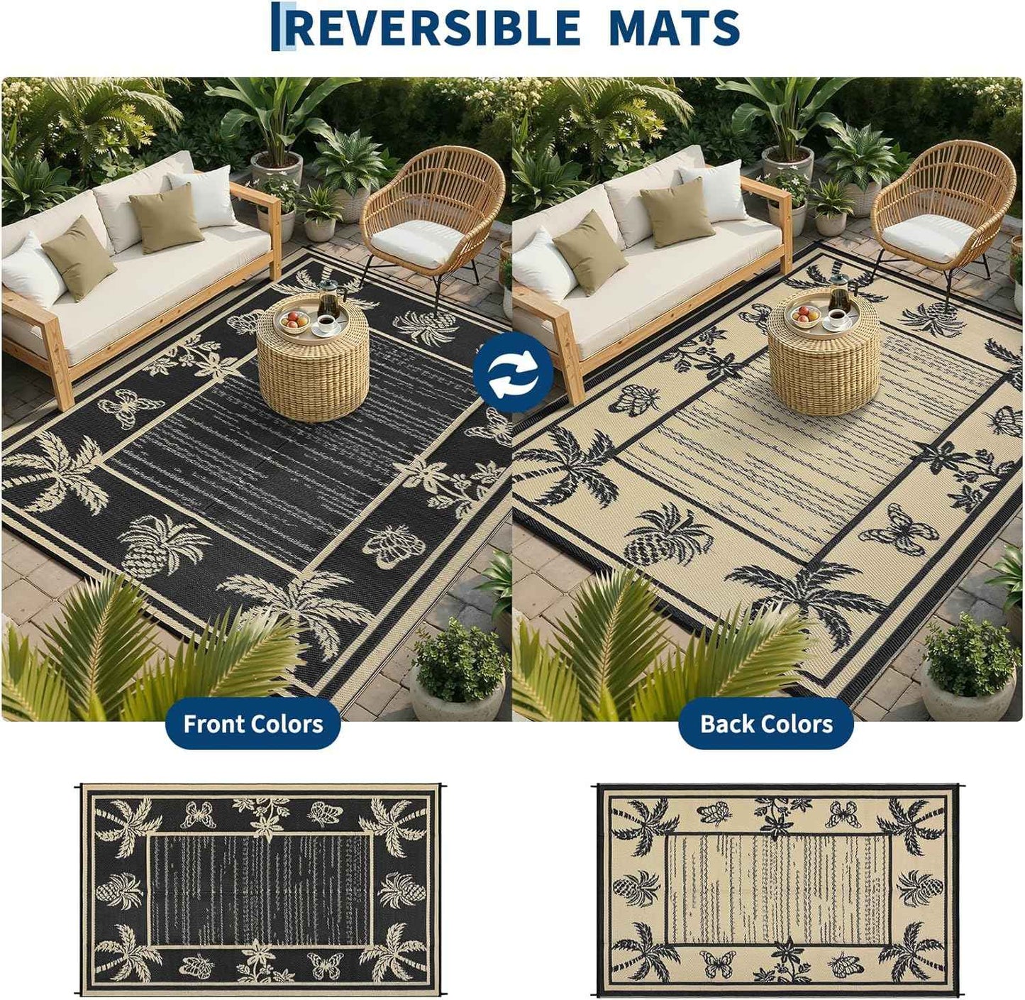 Garvee Outdoor Rug 9x12 Waterproof for Patios, Reversible Plastic Straw Rug, Tropical Leaf Indoor Outdoor Rugs, Large Area Rug for RV, Camping, Deck, Picnic Mat, Outside Carpet