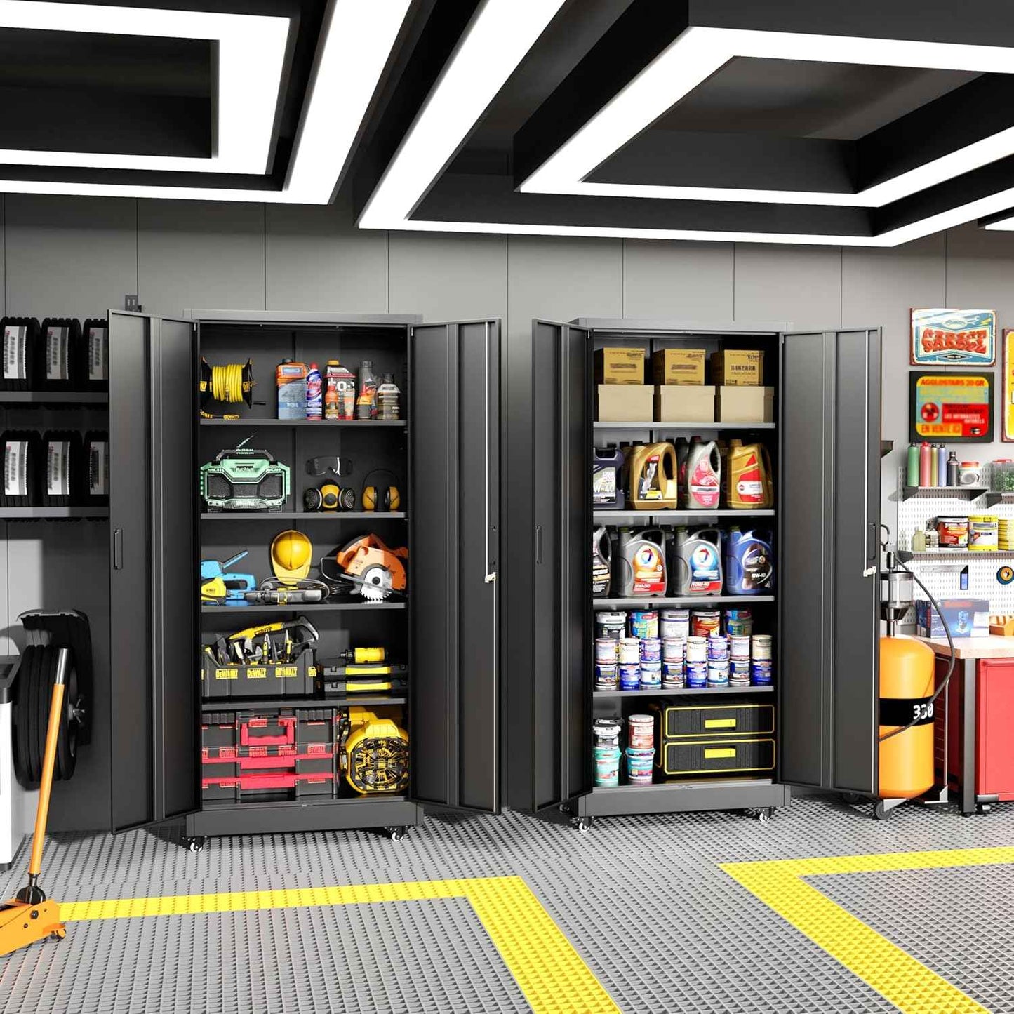 Greenvelly Metal Garage Storage Cabinet with 4 Swivel Wheels, 73” Black Storage Cabinet on Wheels, Rolling Tool Cabinet with Locking Doors and Shelves for Garage, Basement, Home, Warehouse