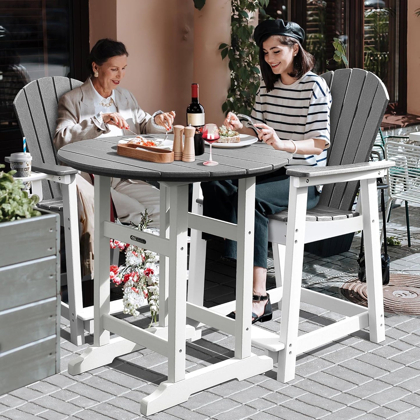 Tall Adirondack Chairs Patio Bar Tables Set of 5 Weather Resistant HDPE 35" Round Outdoor Bar Adirondack Barstools Plastic Height Table Pub, for Garden, Backyard, Yard, Pool, Fire, Pit (Grey)