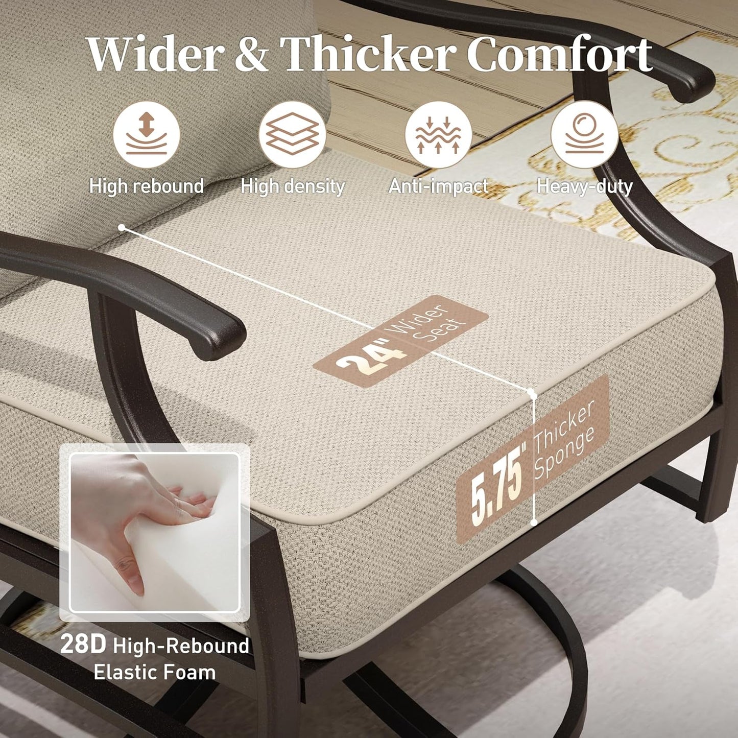 Metal Outdoor Patio Rocker Chairs Set of 2 with 5.75" Extra Thick Cushion, 2 Piece High Back Rocker Patio Chairs All Weather Outdoor Furniture Seating for Deck Porch Backyard, Beige