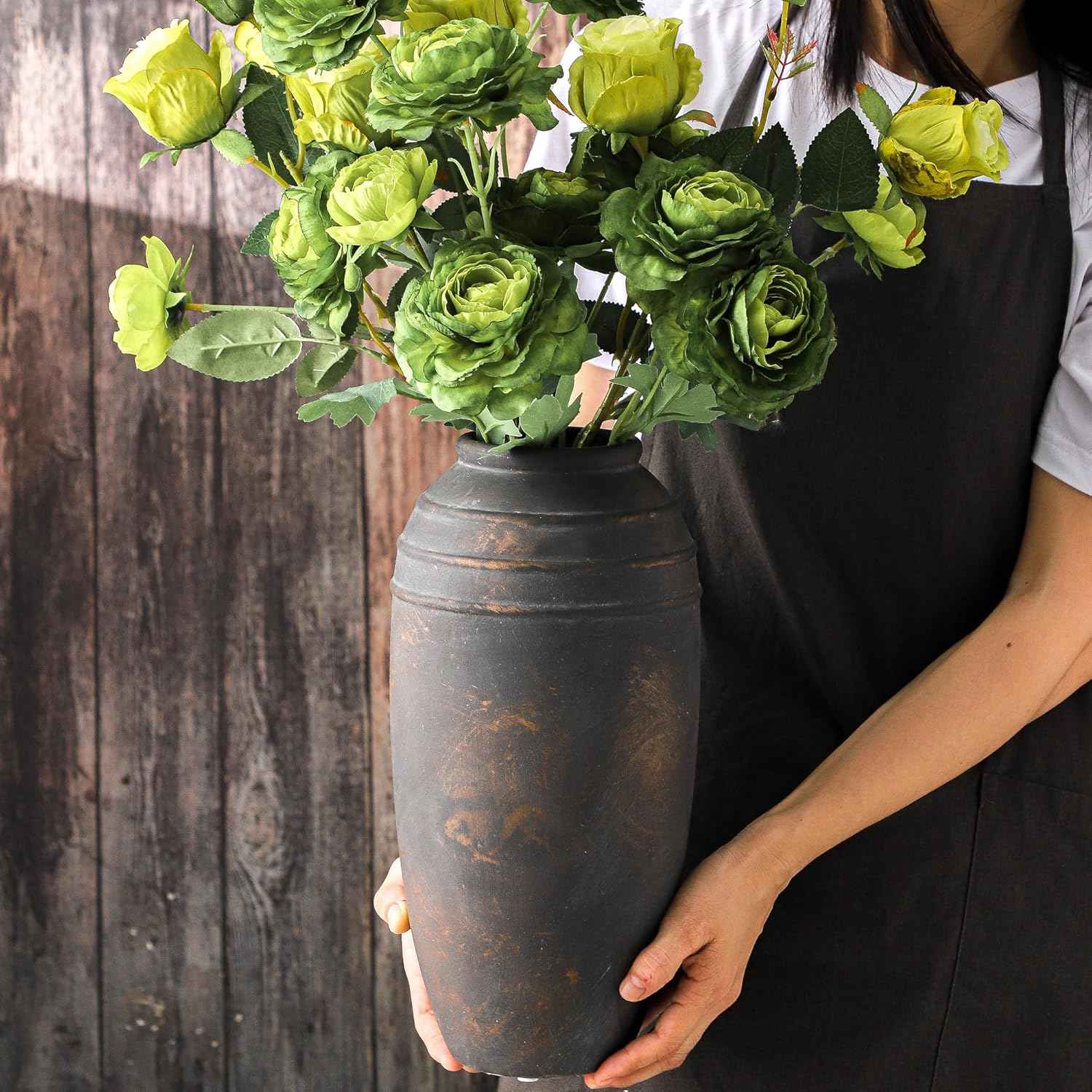 Large Ceramic Rustic Vase - 12.87 inch Tall Decorative Farmhouse Vase for Home Decor, Living Room, Shelf Decor, Enterway, Office, Table Decoration