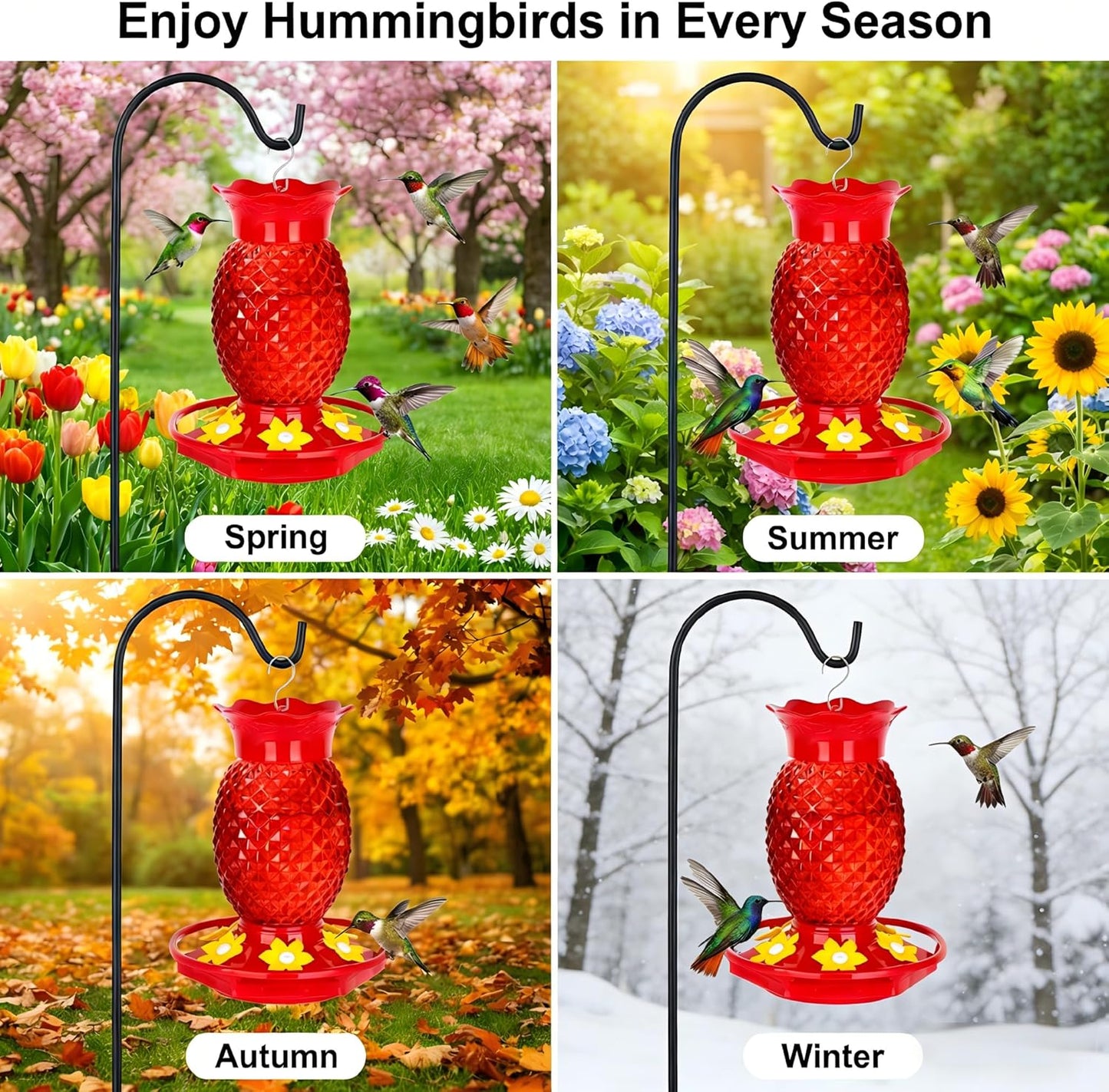 Fchstaer Glass Hummingbird Feeders for Outdoors Hanging 16oz 2 Pack Red Pineapple Bee & Ant Proof 360°Perch Leakproof Easy Clean with 6 Feeding Ports Gifts for Mom