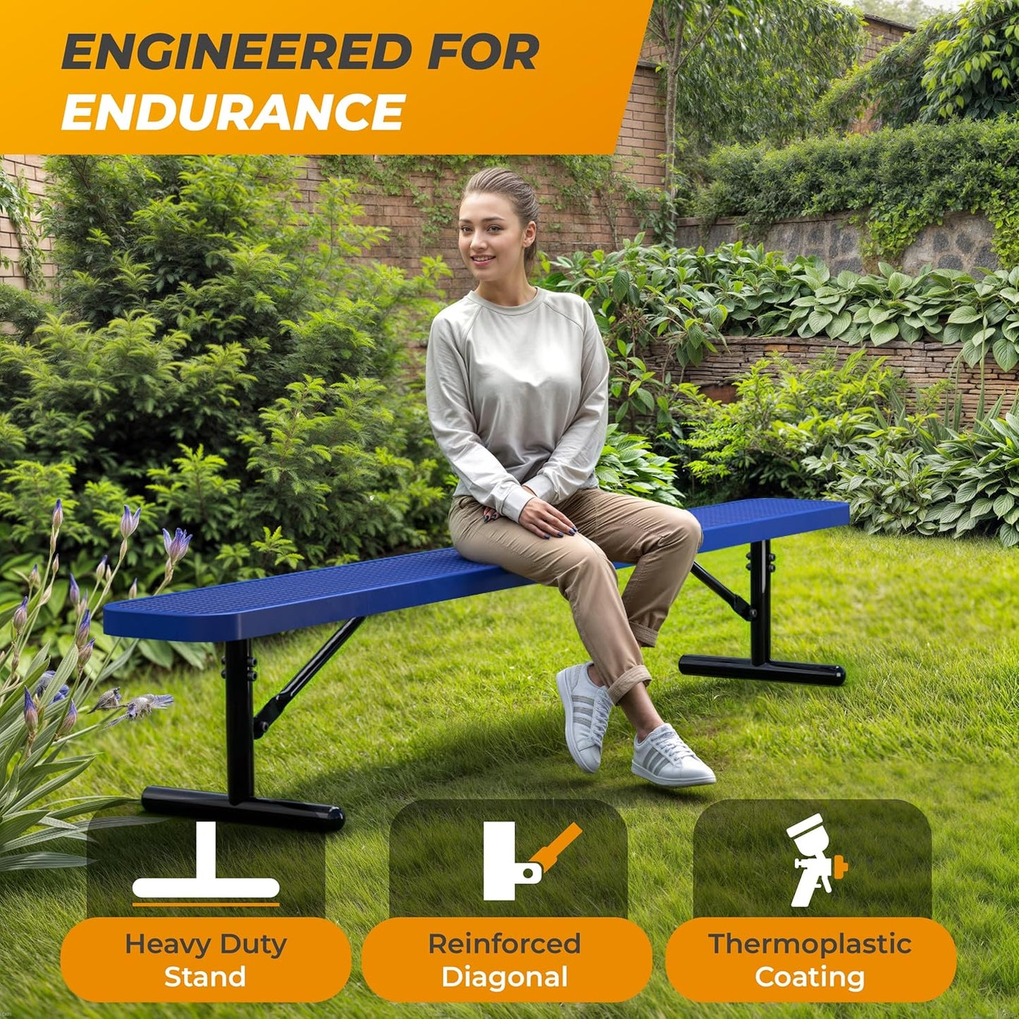 Heavy-Duty Outdoor Metal Bench, Thermoplastic-Coated, Portable, Weatherproof, Commercial-Grade for Parks, Gardens, Patios, Stores & More (8 Ft - Portable, Blue)