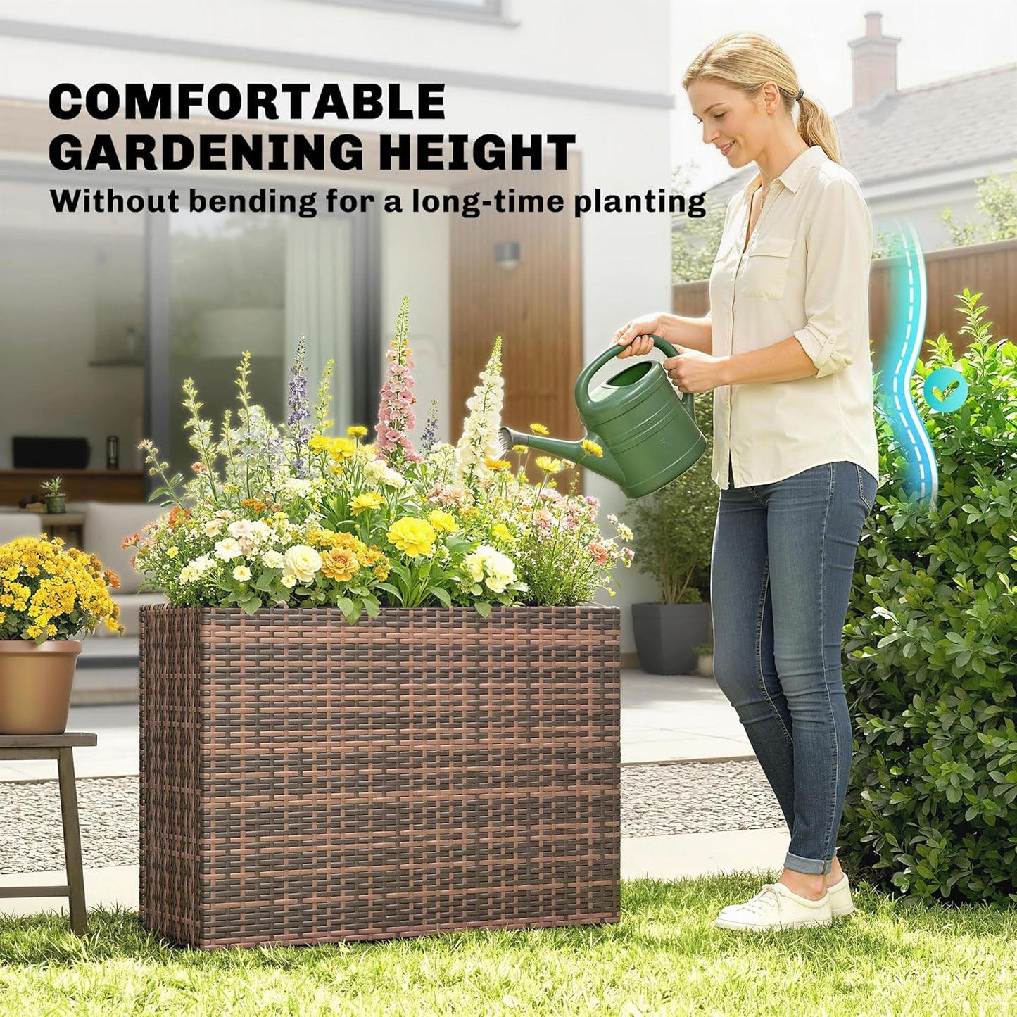 Outsunny Tall Rectangular Planter with Removable Liner, PE Wicker Large Planters for Outdoor Plants, Freestanding Indoor Outdoor Planter Box with Drainage Holes for Flowers, Vegetables, Brown