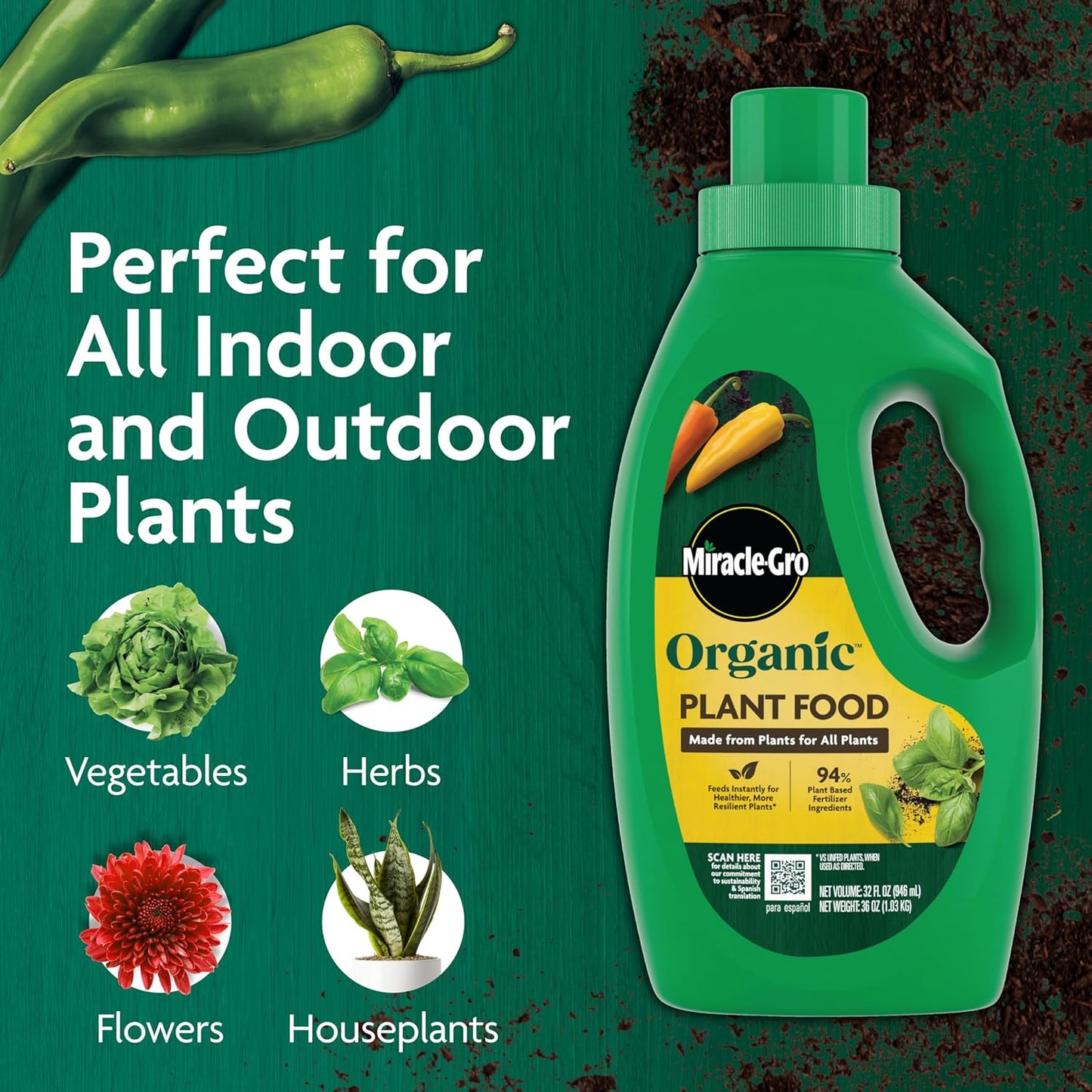 Miracle-Gro Organic Plant Food - Use with Indoor or Outdoor Plants, Organic Liquid Fertilizer for Containers and In-Ground Gardens, OMRI Listed, 32 fl. oz. (2-Pack)