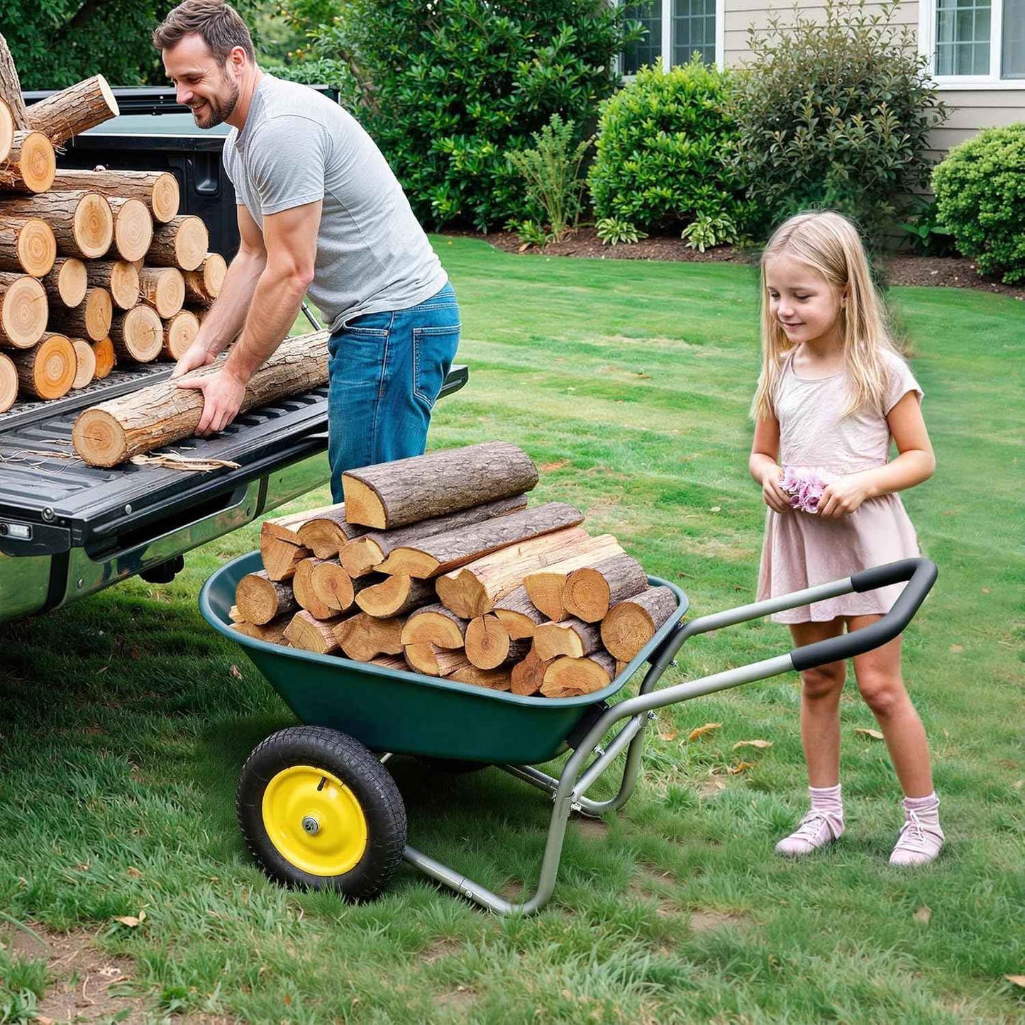 Dual-Wheel Garden Cart, 14" Pneumatic Tires & Built-in Stand, 4.5 Cu Ft Utility Yard Wheelbarrow for Gardening, Soil, Construction, Easy Assembly