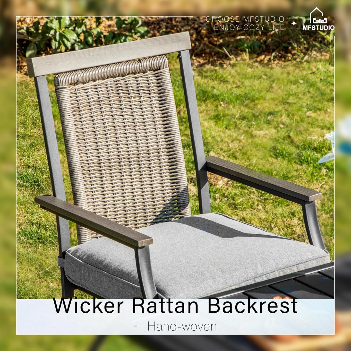 MFSTUDIO Outdoor Bar Set of 5 with 4 Swivel Rattan Backrest Metal Patio Bar Stool and 1 Square Metal Table, All Weather Resistant Patio Table and Chair Set
