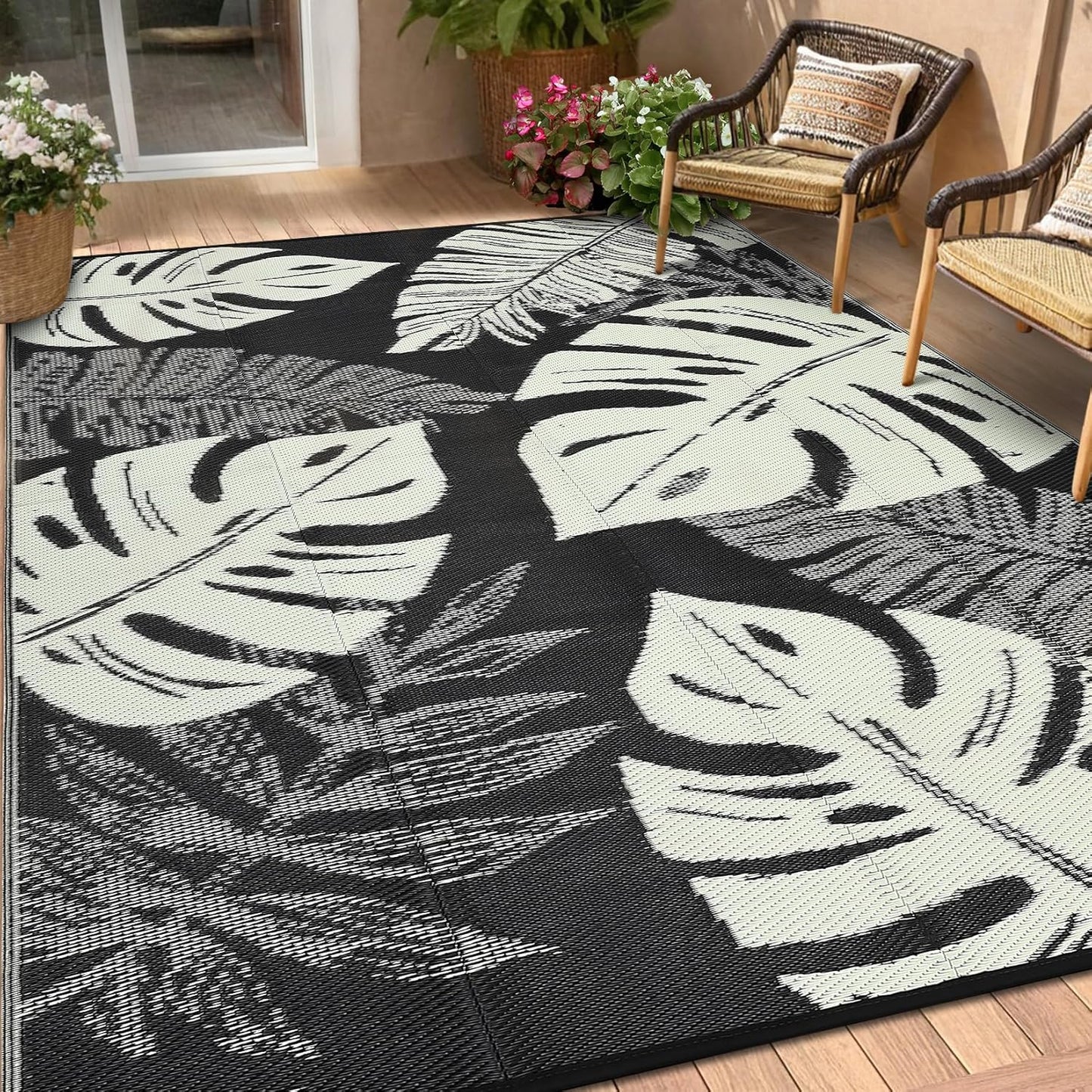 Washable Outdoor Rug Geometric Patio Carpet Waterproof Non-Slip Non-Shedding Ideal for Backyard Deck Porch Camping Beach Farmhouse Black&Beige8x10