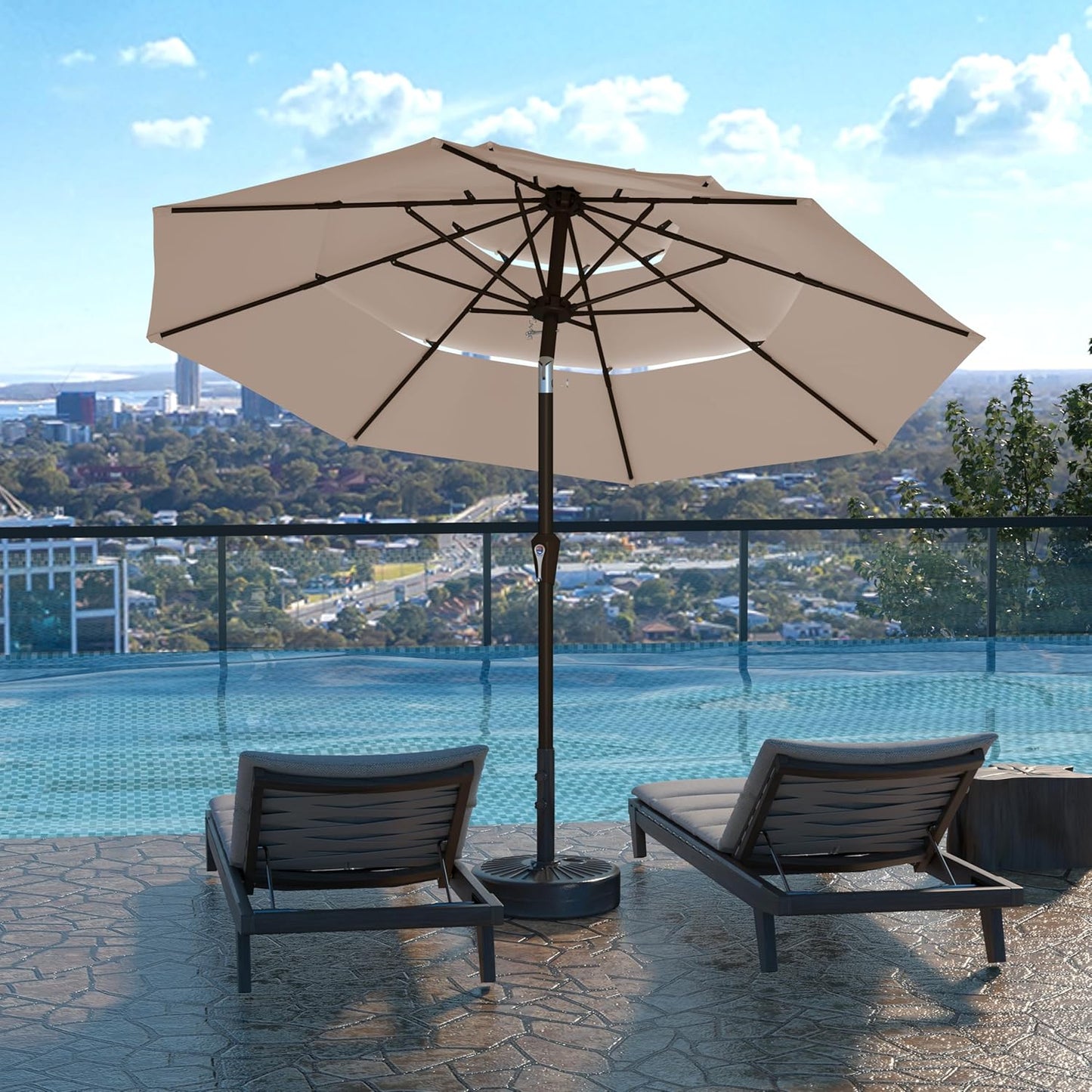 Kingdura 9ft 3-Tier Patio Umbrella, Outdoor Table Umbrella with Easy Crank & Tilt, 8 Reinforced Ribs, UV Protection for Deck, Pool, Market, Backyard (Beige)