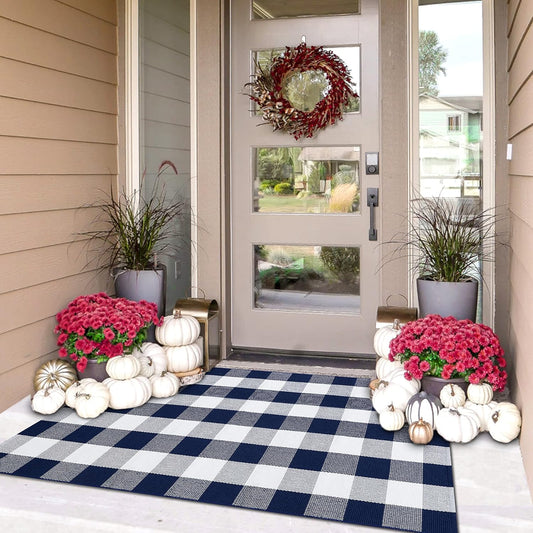 IOHOUZE Buffalo Plaid Checkered Rug 3x5 Ft Front Door Mats, Washable Area Rugs for Front Porch Decor, Spring Summer Welcome Mats Outdoor, Navy White Rug for Farmhouse/Entryway/Home Entrance