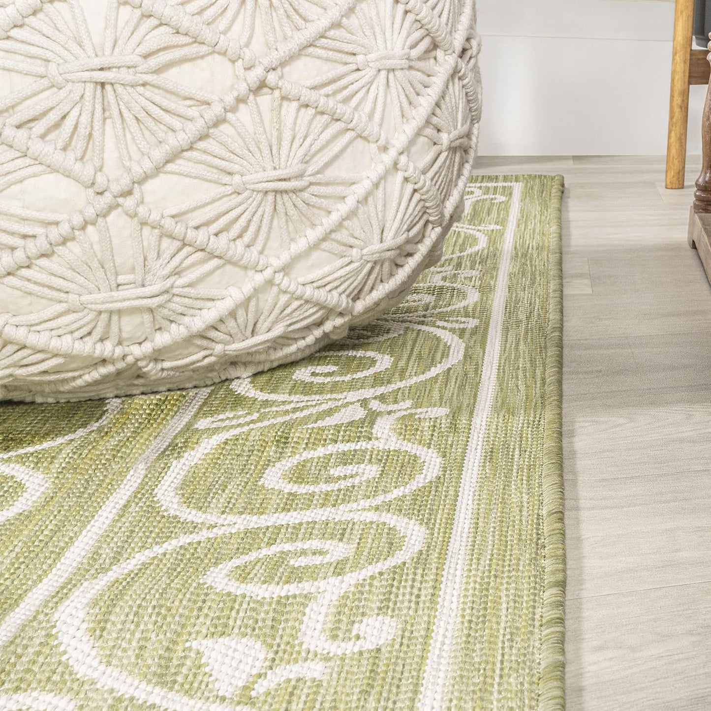 JONATHAN Y SMB106H-210 Charleston Vintage Filigree Textured Weave Indoor Outdoor Runner Rug, Coastal,Traditional,Transitional Easy Clean,Bedroom,Kitchen,Backyard,Patio, Non-Shed, Green/Cream, 2 X 10