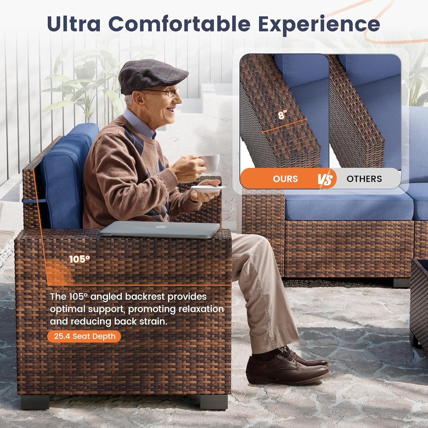 UDPATIO Patio Furniture Set, 8 Inch Armrest Outdoor Sectional Sofa, 6 Piece Wicker Outdoor Furniture Conversation Sets with Waterproof Cover and Coffee Table for Backyard Deck(Brown/Navy Blue)