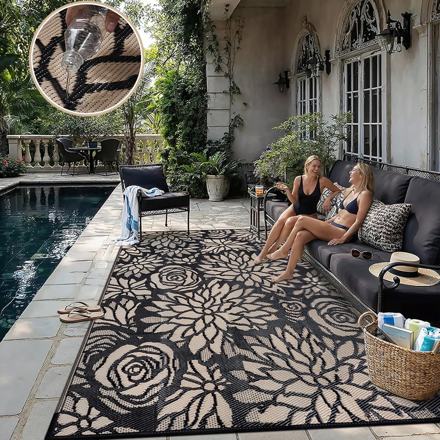 Outdoor Plastic Straw Rug Waterproof Patio 9x12 Black Brown Floral Mat for Porch Camping RV Balcony Deck Courtyard Reversible Lightweight Durable Portable Carpet