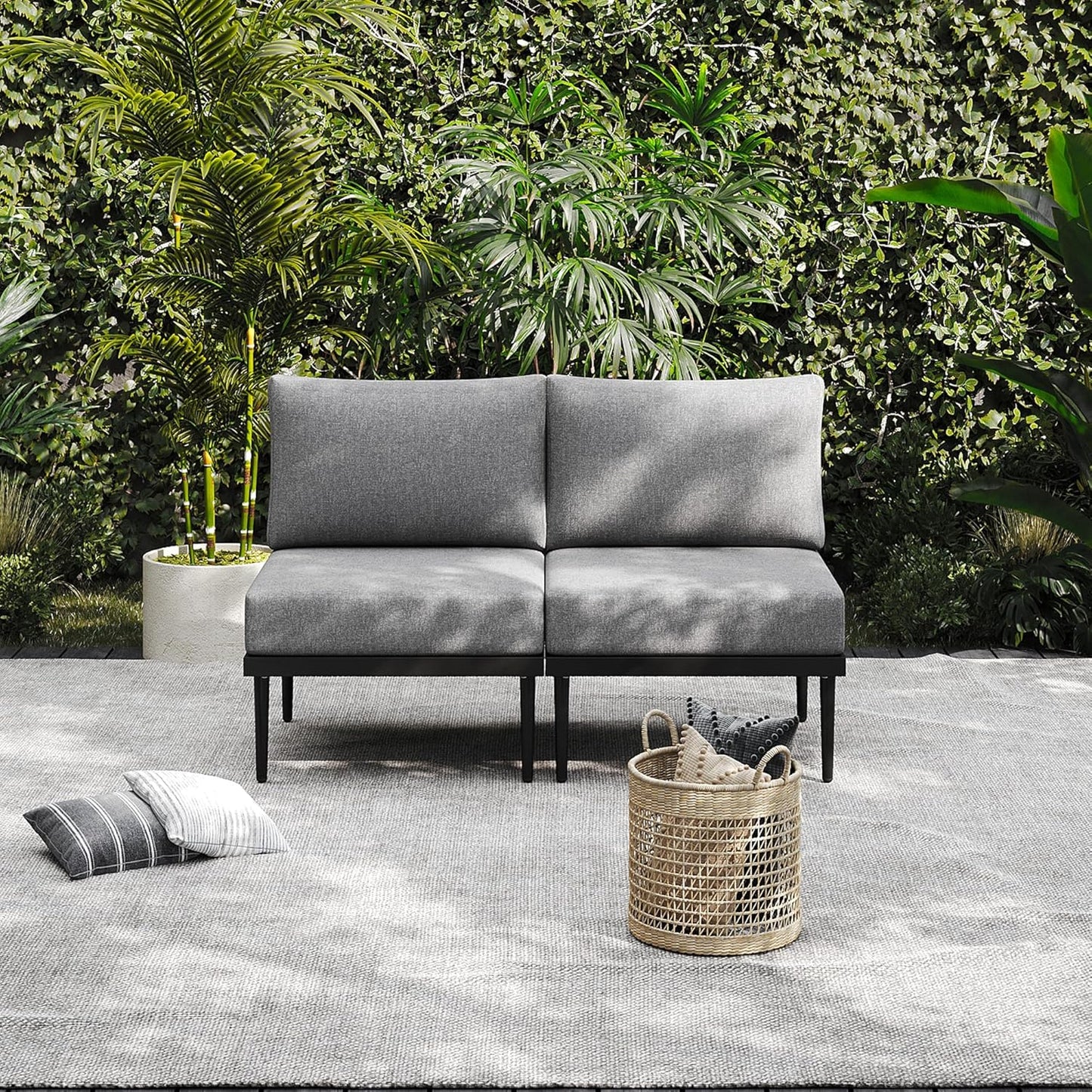 Sundale Outdoor 2 Pieces Metal Patio Furniture Set, Outdoor Sectional Sofa w/6 Inch Olefin Cushion, Modern Outdoor Conversation Sets