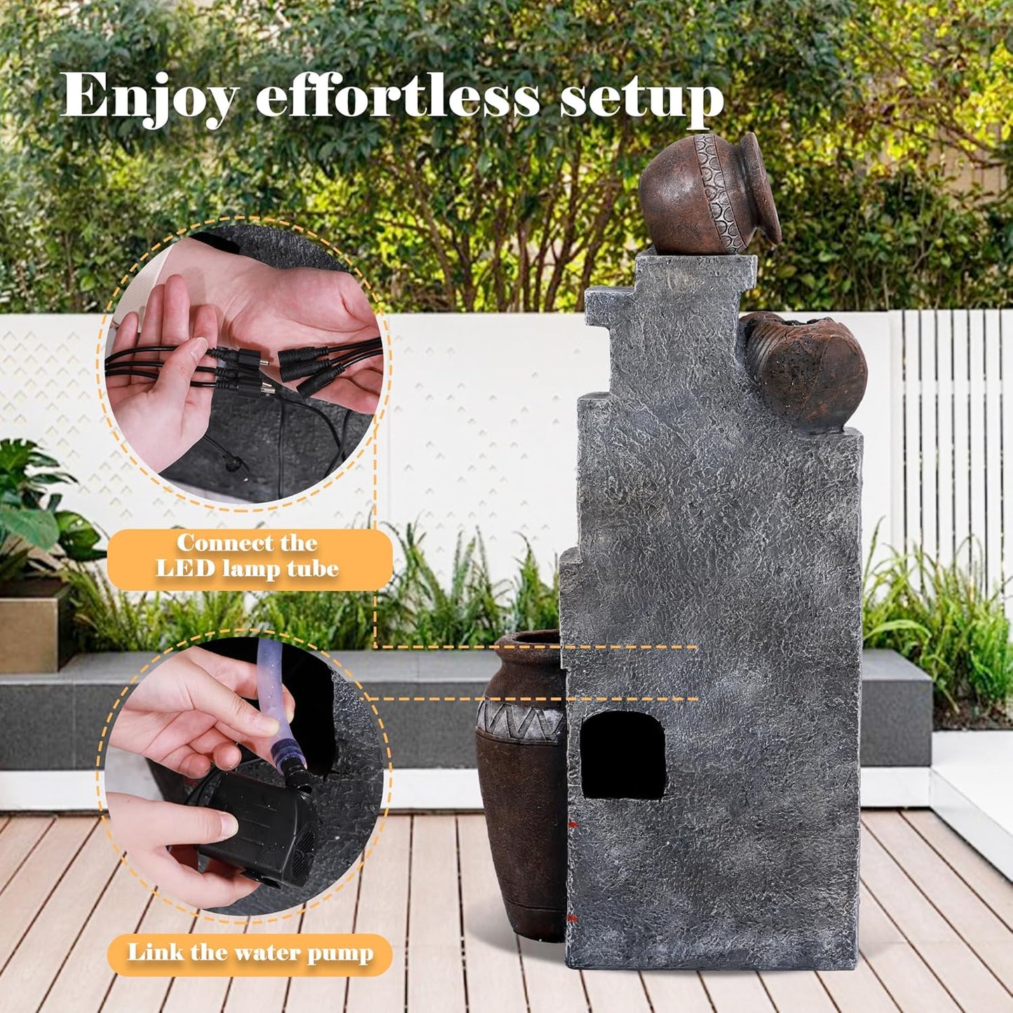 Outdoor Water Fountain 31.5" H Floor-Standing Cascading Garden Fountains, 6-Tiers Indoor/Outdoor Water Fountain with LED Lights for Garden Patio Backyard and Home (14.6"L x 10.6"W x 31.5"H)