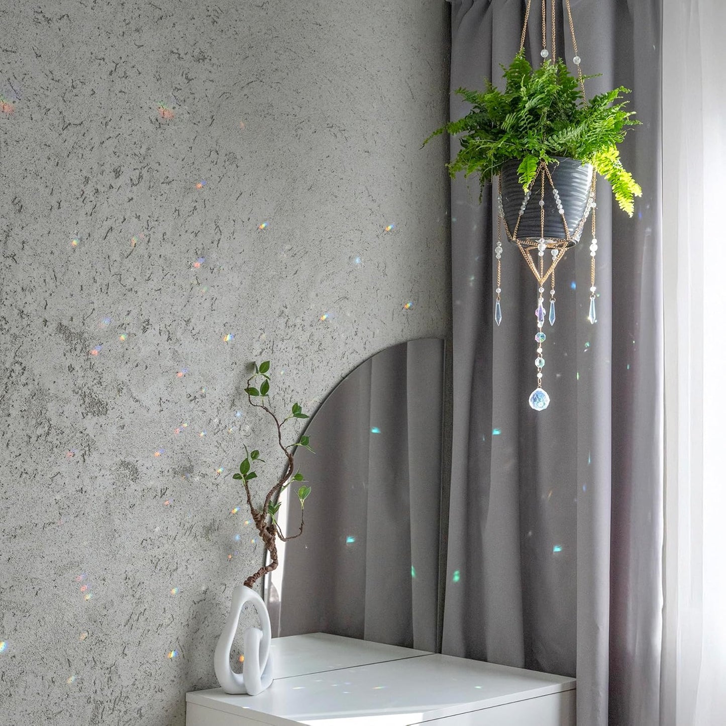 Sun Catcher Plant Hanger with Beads and Glass Crystal Ball Suncatcher. Large Beaded Plant Hanger. Plant Accessories for Indoor Plants. Home Decor for Plant Lovers. (Pots/Plants Not Included)
