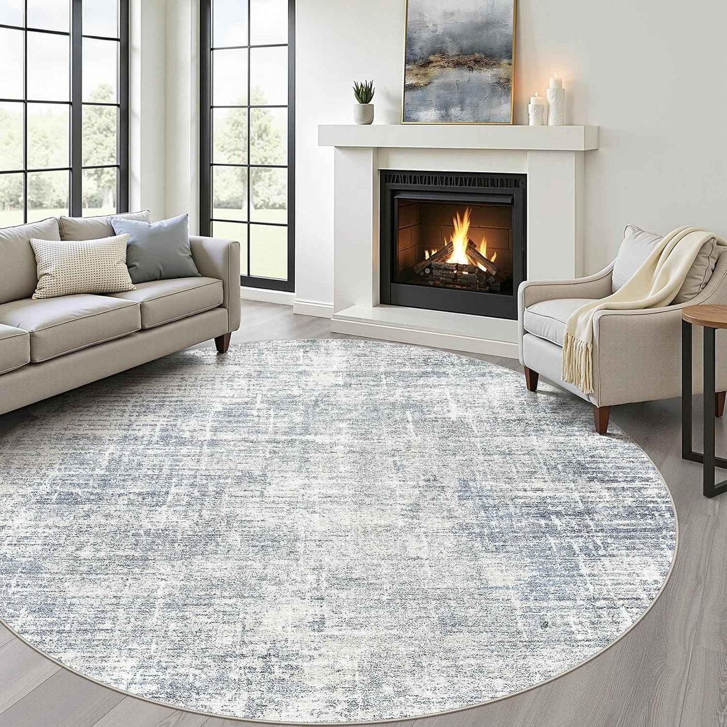 7ft Round Rug Living Room: 7x7 Washable Large Neutral Blue Circle Area Rug Abstract Soft Modern Stain Resistant Indoor Floor Non-Slip Carpet for Bedroom Nursery Kids Office Playroom Dining Room