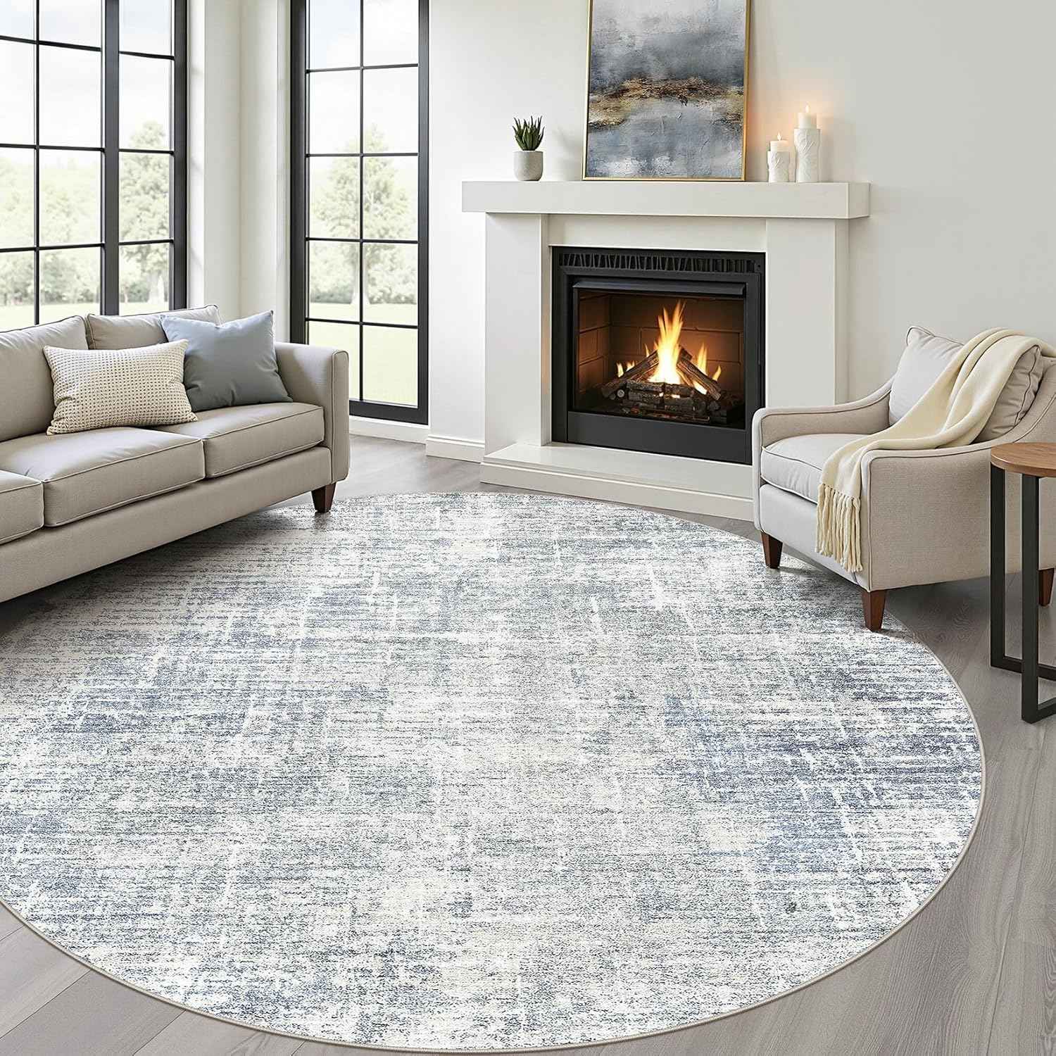 7ft Round Rug Living Room: 7x7 Washable Large Neutral Blue Circle Area Rug Abstract Soft Modern Stain Resistant Indoor Floor Non-Slip Carpet for Bedroom Nursery Kids Office Playroom Dining Room
