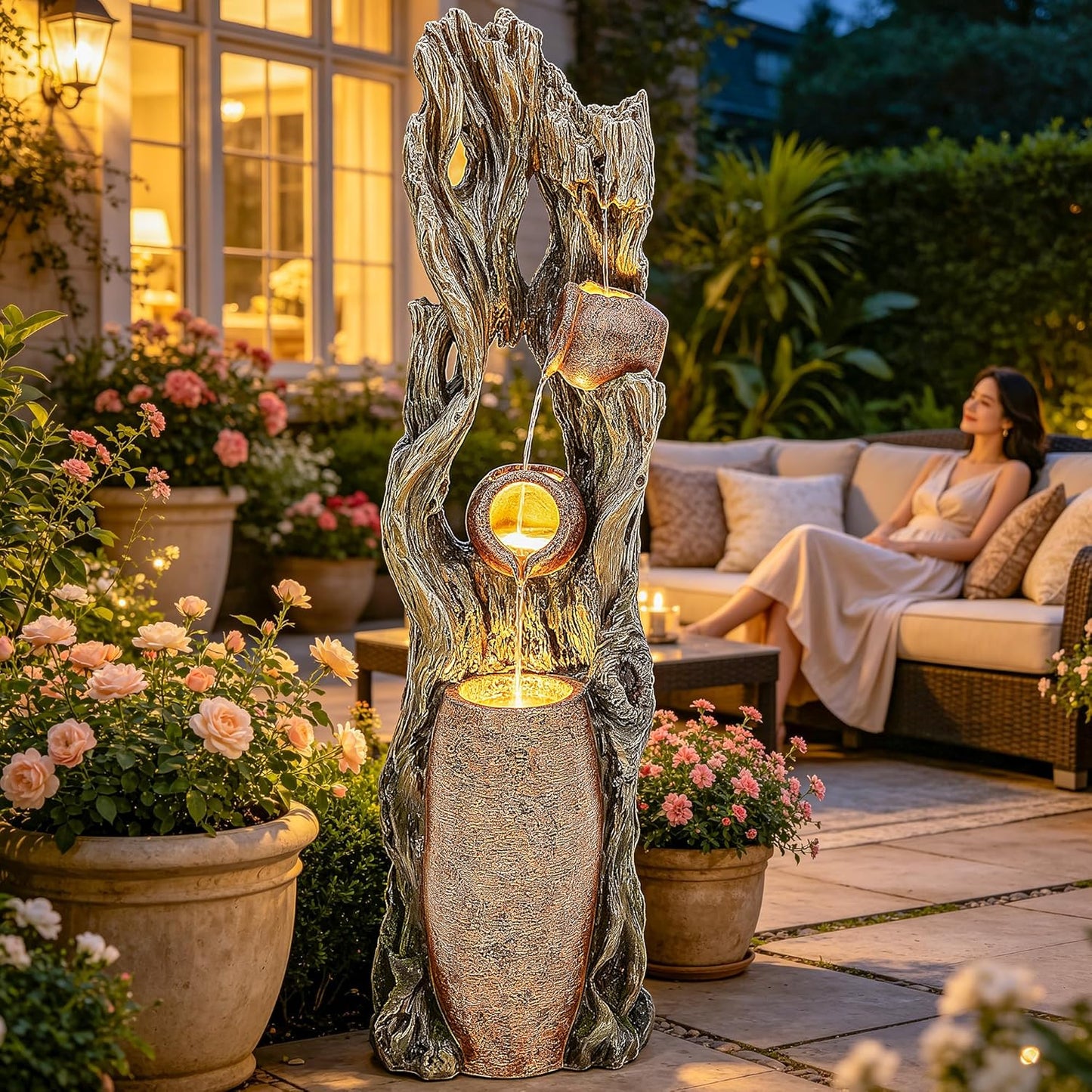 AUTODAYA Tall Outdoor Water Fountain with LED Lights, 42.7" 3-Tier Rainforest Waterfall Tree Trunk and Jar Garden Fountain, Ideal for Serene Relaxing Patio, Yard or Porch