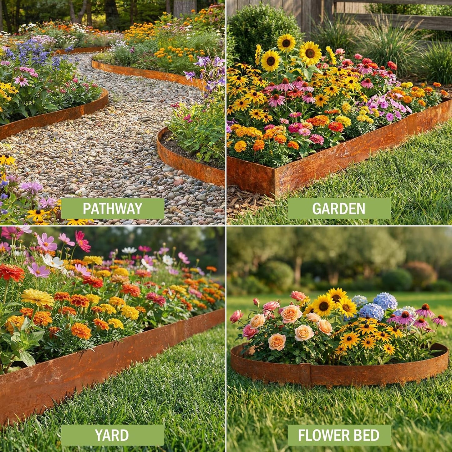 20ft. Cor-Ten Landscape Edging 8 inch，6 Pack Metal Landscape Edging with 7 Stakes & Gloves, Bendable Steel Edging for Landscaping as Flower Bed Yard Pathway Divider （40" L x 8" H, Rusted）