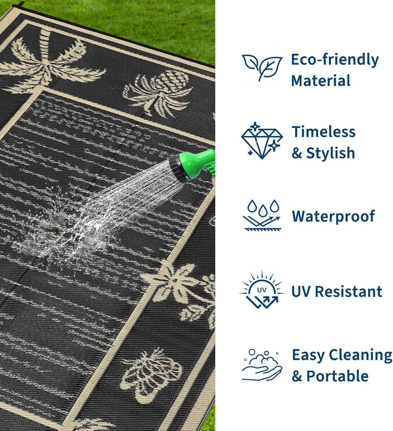 Garvee Outdoor Rug 9x12 Waterproof for Patios, Reversible Plastic Straw Rug, Tropical Leaf Indoor Outdoor Rugs, Large Area Rug for RV, Camping, Deck, Picnic Mat, Outside Carpet