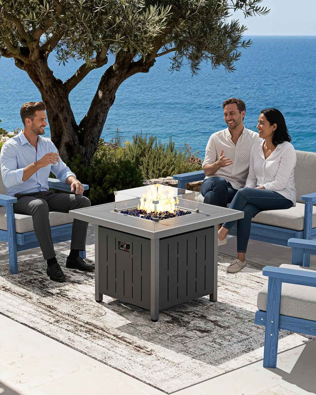 SERWALL 33" Outdoor Fire Pit Table, 50,000 BTU Square Propane Fire Pit Table with Lid, Glass Rock & Glass Wind Guard, HDPE Outdoor Furniture for Patio, Garden, Backyard, Black