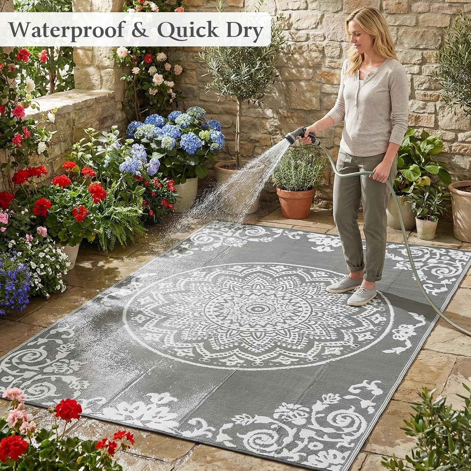 famibay Outdoor Rug Waterproof 8x10 ft, Reversible Large Outdoor Plastic Straw Rug, UV-Resistant Patio Rug Portable RV Mat Indoor Outdoor Carpet for Camping, Balcony, Deck, Backyard, Picnic