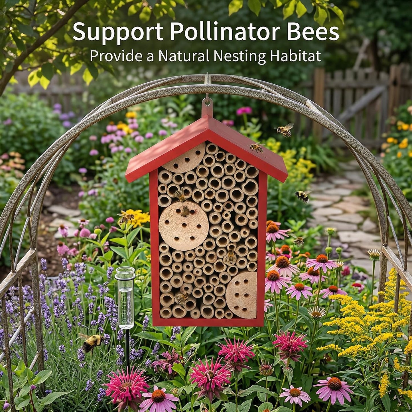 Topadorn Red Wooden Bee House, Natural Bamboo Tube Bee Hotel for Mason Bees, Outdoor Garden Pollinator Shelter with Hanging Ring