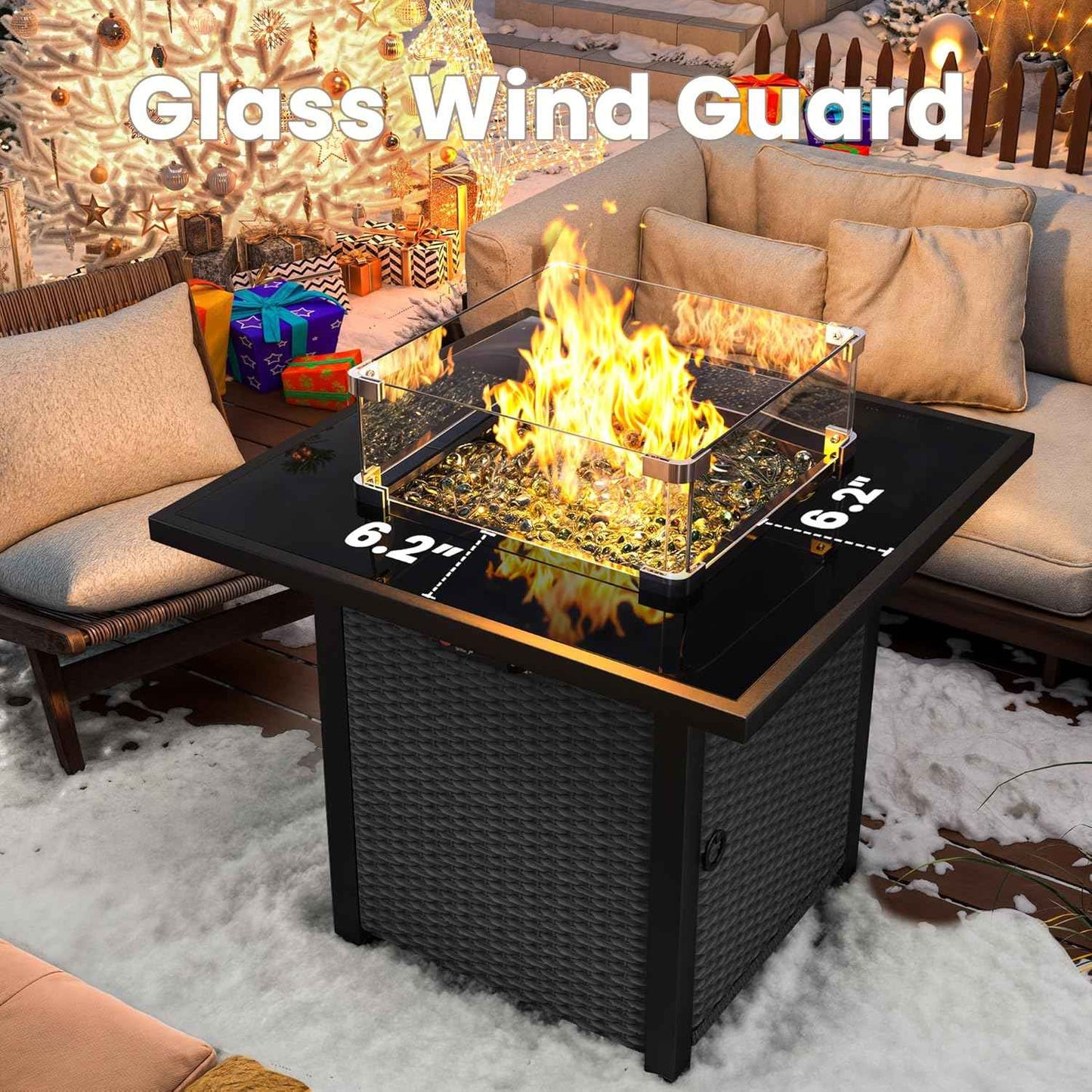Propane Fire Pit Table, Outdoor Fire Pit Table, 28" Rattan Square Outdoor Gas FirePit with Glass Wind Guard, Tempered Glass Tabletop, Lid, CSA Listed, 50,000 BTU, Outside Patio Deck & Garden, Black