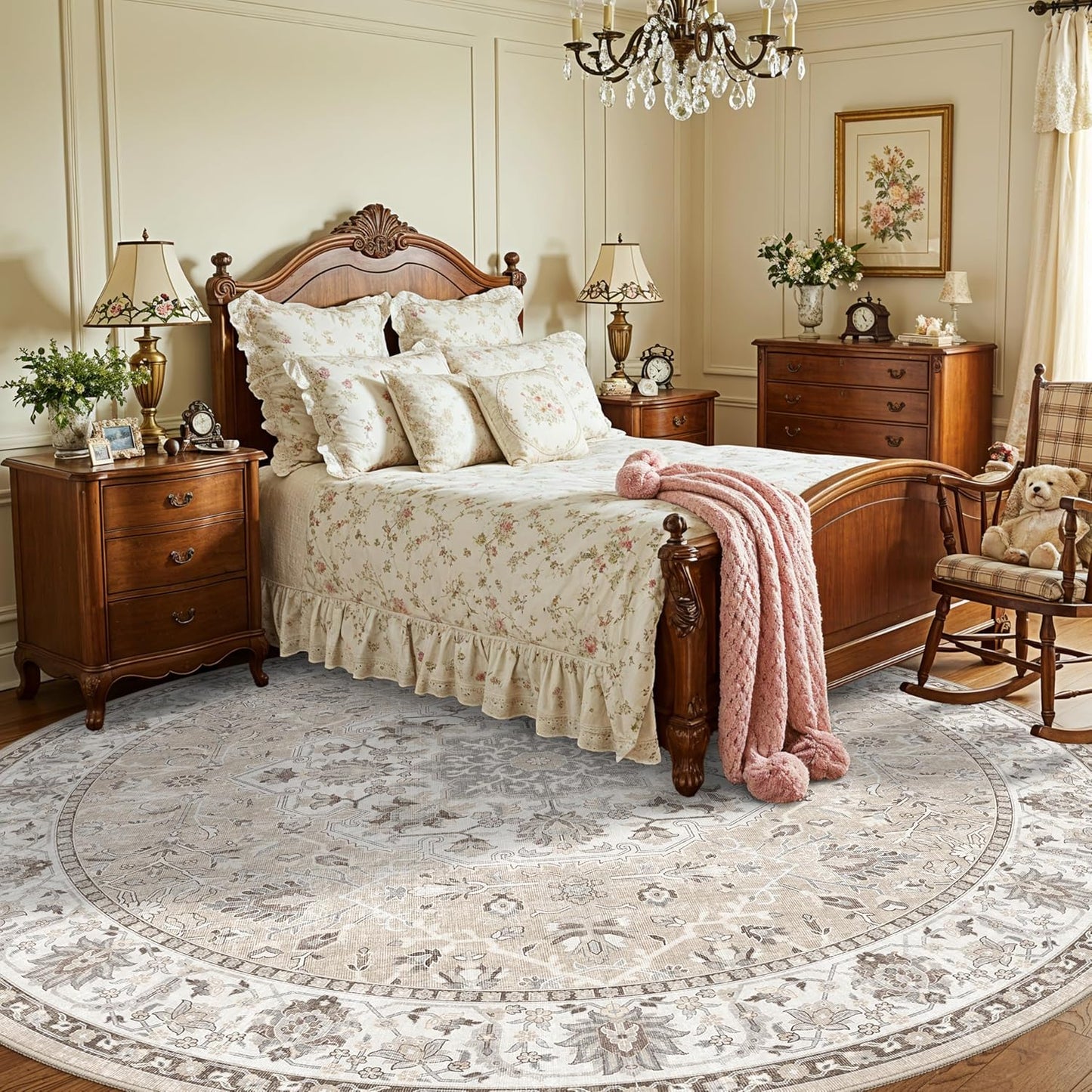 Washable 8ft Round Area Rug - Living Room Oriental Non Slip Soft Rugs Indoor Low Pile Stain Resistant Carpet for Bedroom Dining Room Farmhouse Distressed Thin Home Decor Floor Mat(8Round,Beige)