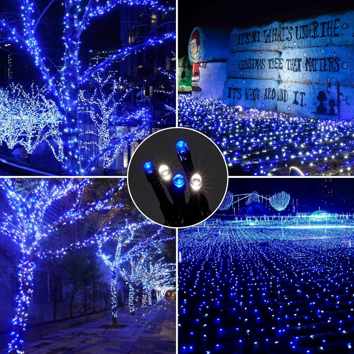 164ft 500 LED Blue White Christmas Lights Outdoor,8 Modes String Light Indoor Bedroom,Clear Wire Twinkle Lights Plug in for Christmas Outside Tree Yard Wedding Decorations(164FT,Blue&White)